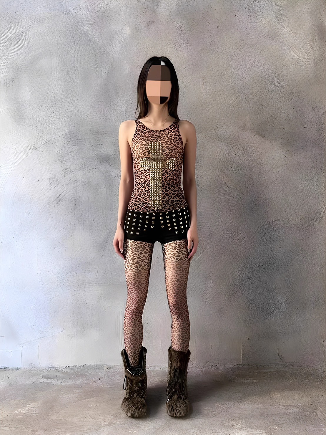 ArtByTastybabe 金色鉚釘十字架 豹紋網紗 修身背心