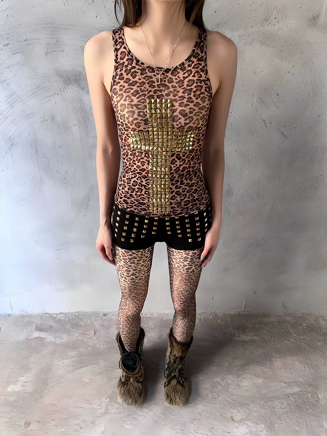 ArtByTastybabe 金色鉚釘十字架 豹紋網紗 修身背心