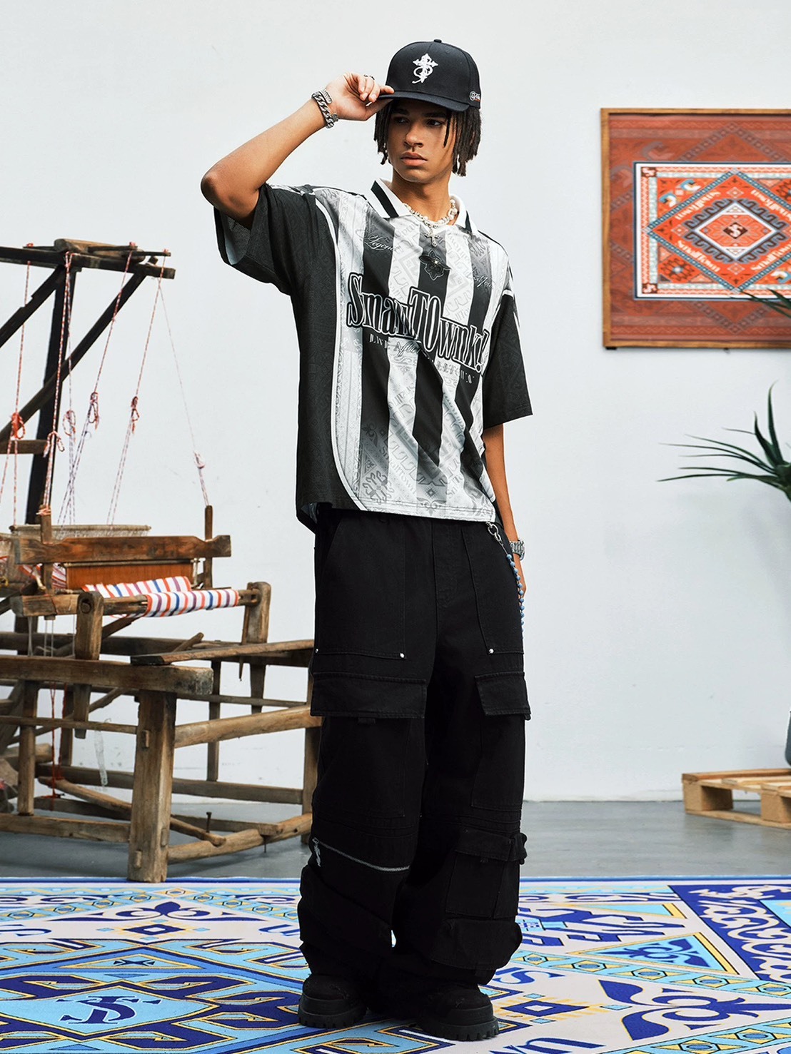 STK SmallTownKid 民族圖騰Logo 條紋網眼 Polo球衣