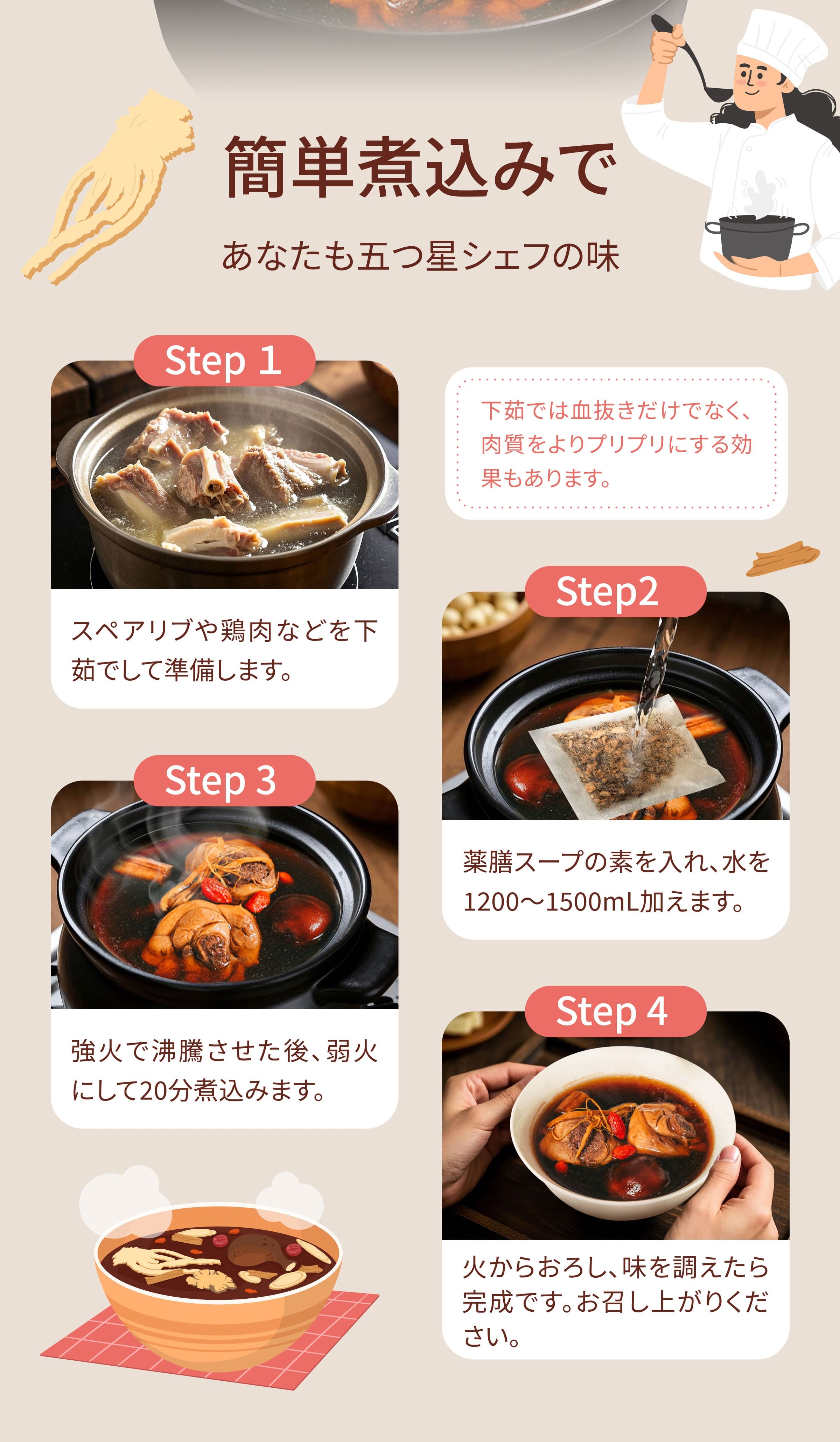 Dengyi 鶏肉用漢方スープキットの淹れ方