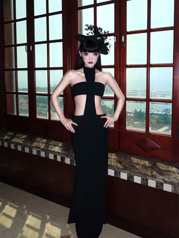 ArtByTastybabe 歐美風 掛脖彈力十字抹胸 連衣裙