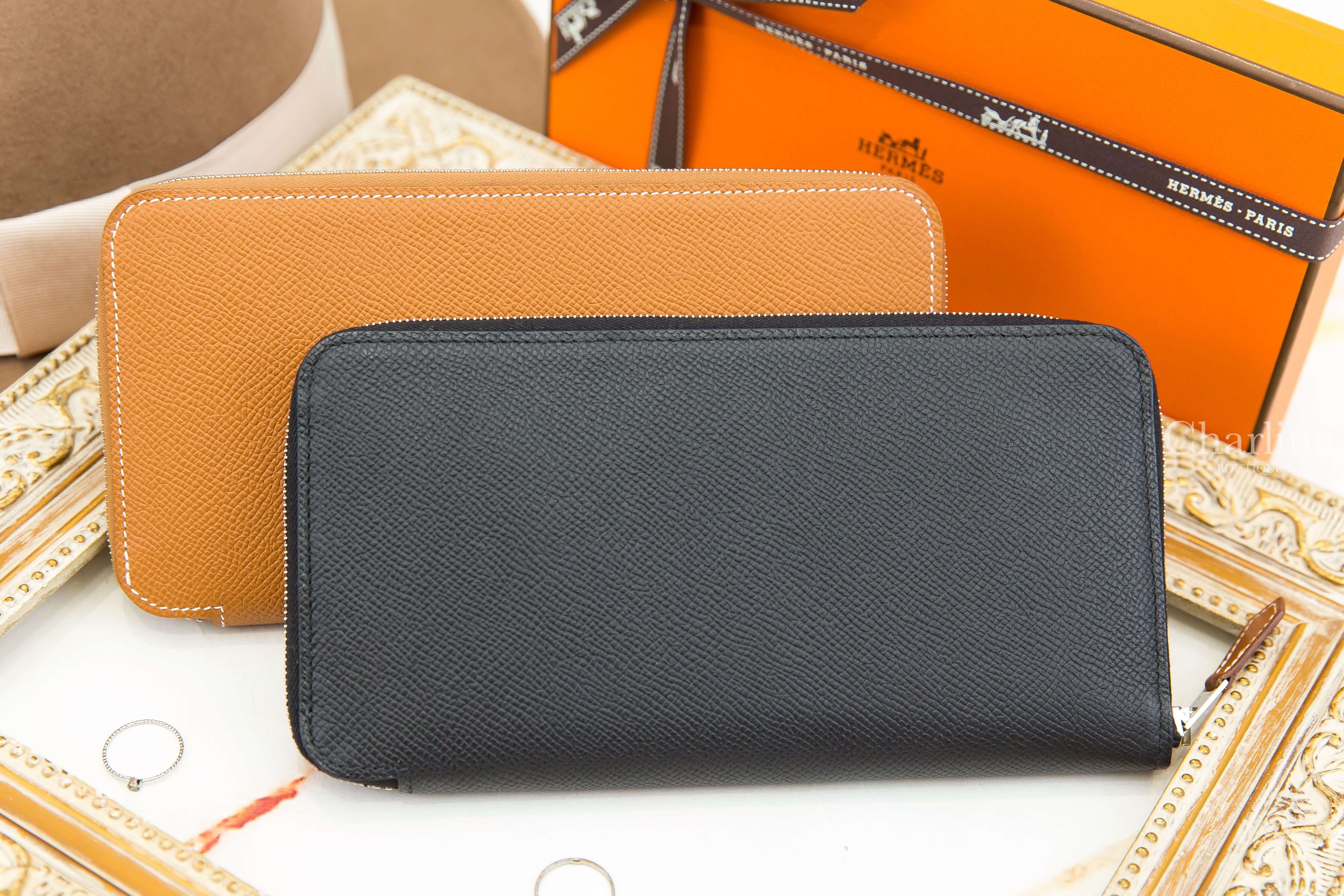 Hermès Silk'in Long Wallet 37 Gold Epsom 焦糖色絲巾拉鍊長夾,Hermès Silk'in Long Wallet 89 Noir Epsom 黑色絲巾拉鍊長夾-Charline Boutique 精品代購