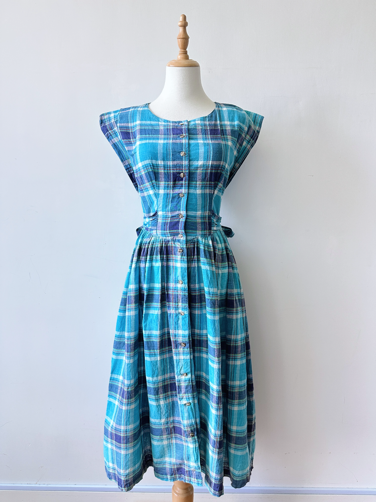 藍雲格紋綿質古著連身裙