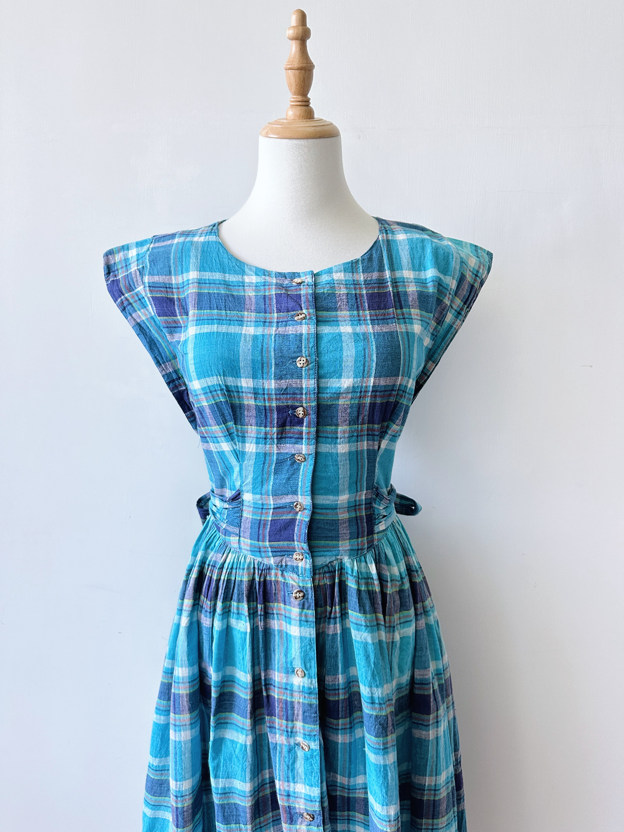 藍雲格紋綿質古著連身裙