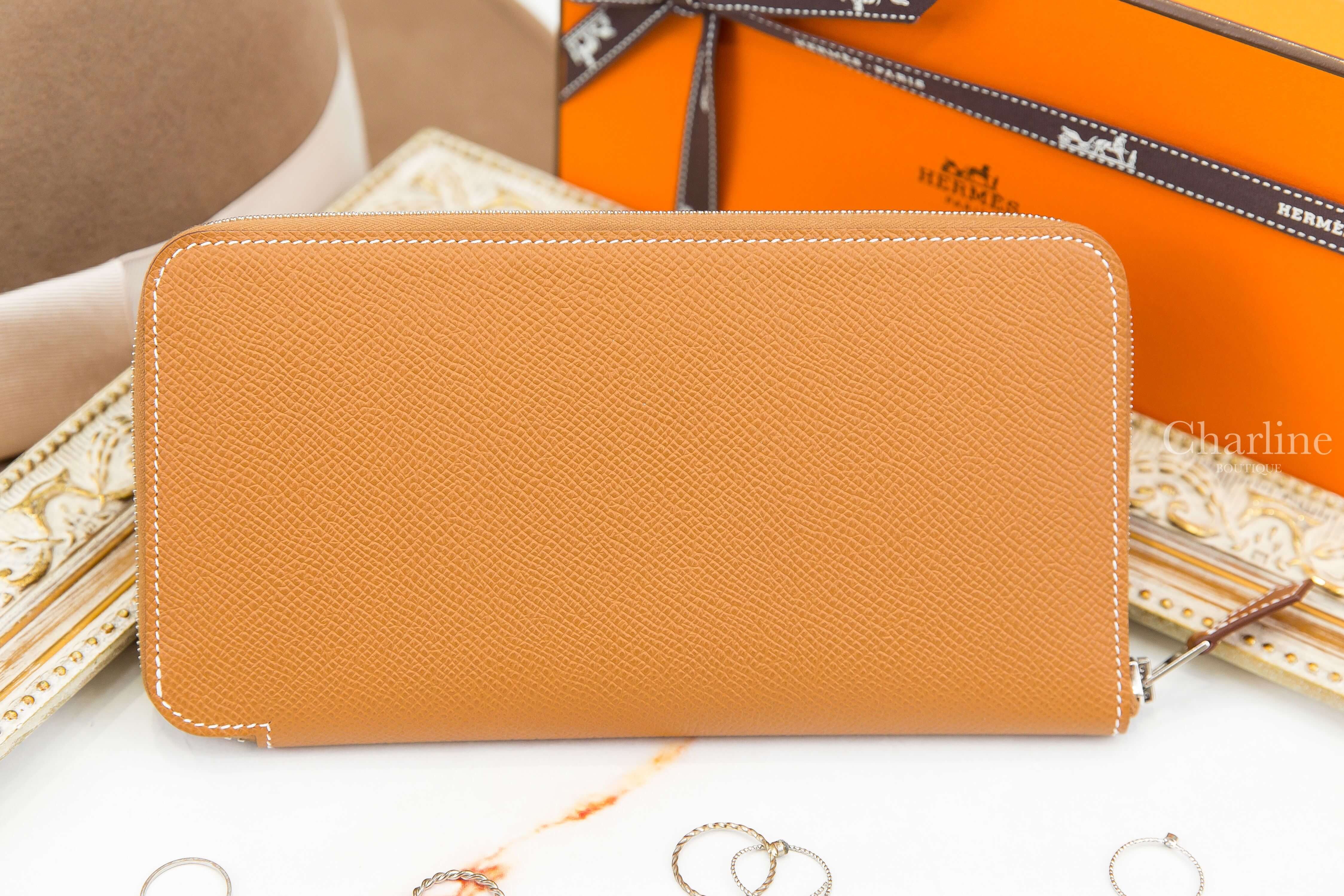 Hermès Silk'in Classique Long Wallet 37 Gold Epsom 焦糖色絲巾拉鍊長夾-Charline Boutique 精品代購