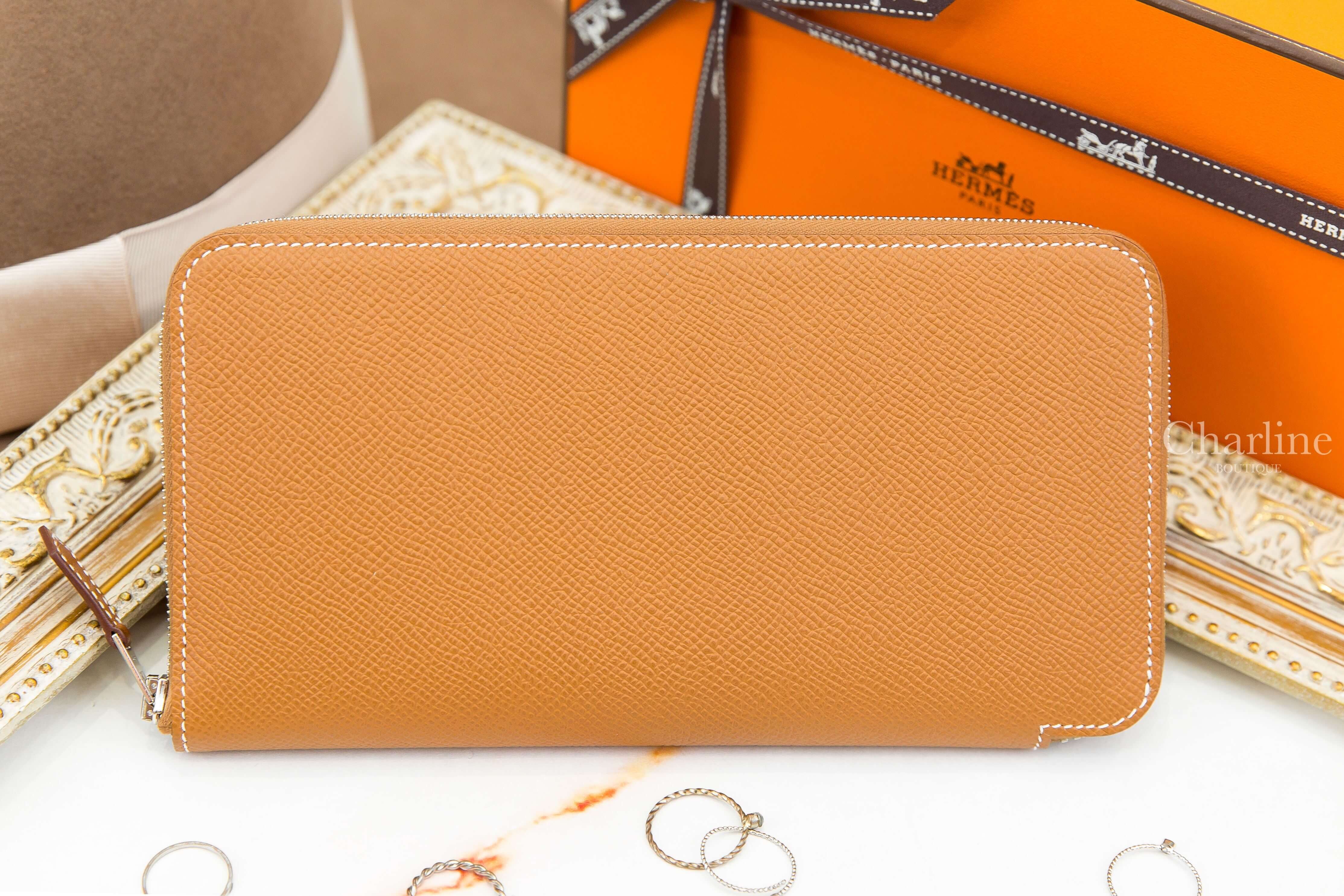 Hermès Silk'in Classique Long Wallet 37 Gold Epsom 焦糖色絲巾拉鍊長夾-Charline Boutique 精品代購