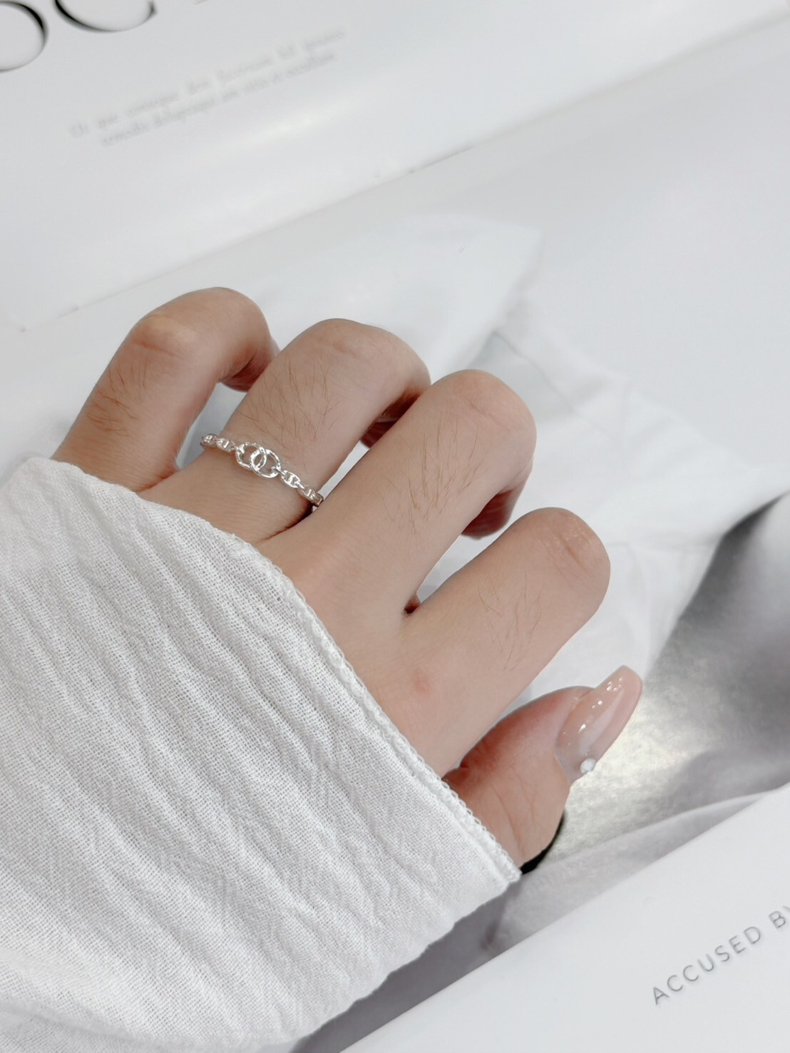 雙圈鎖鏈純銀戒指