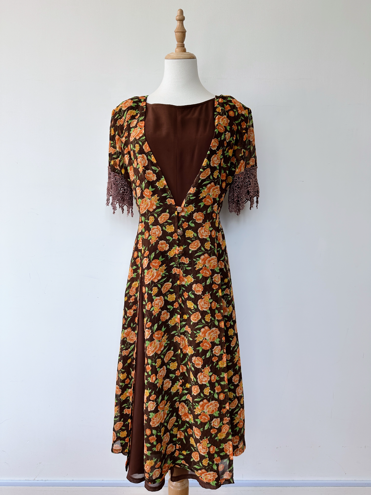 復古啡橙花假兩件古著連身裙