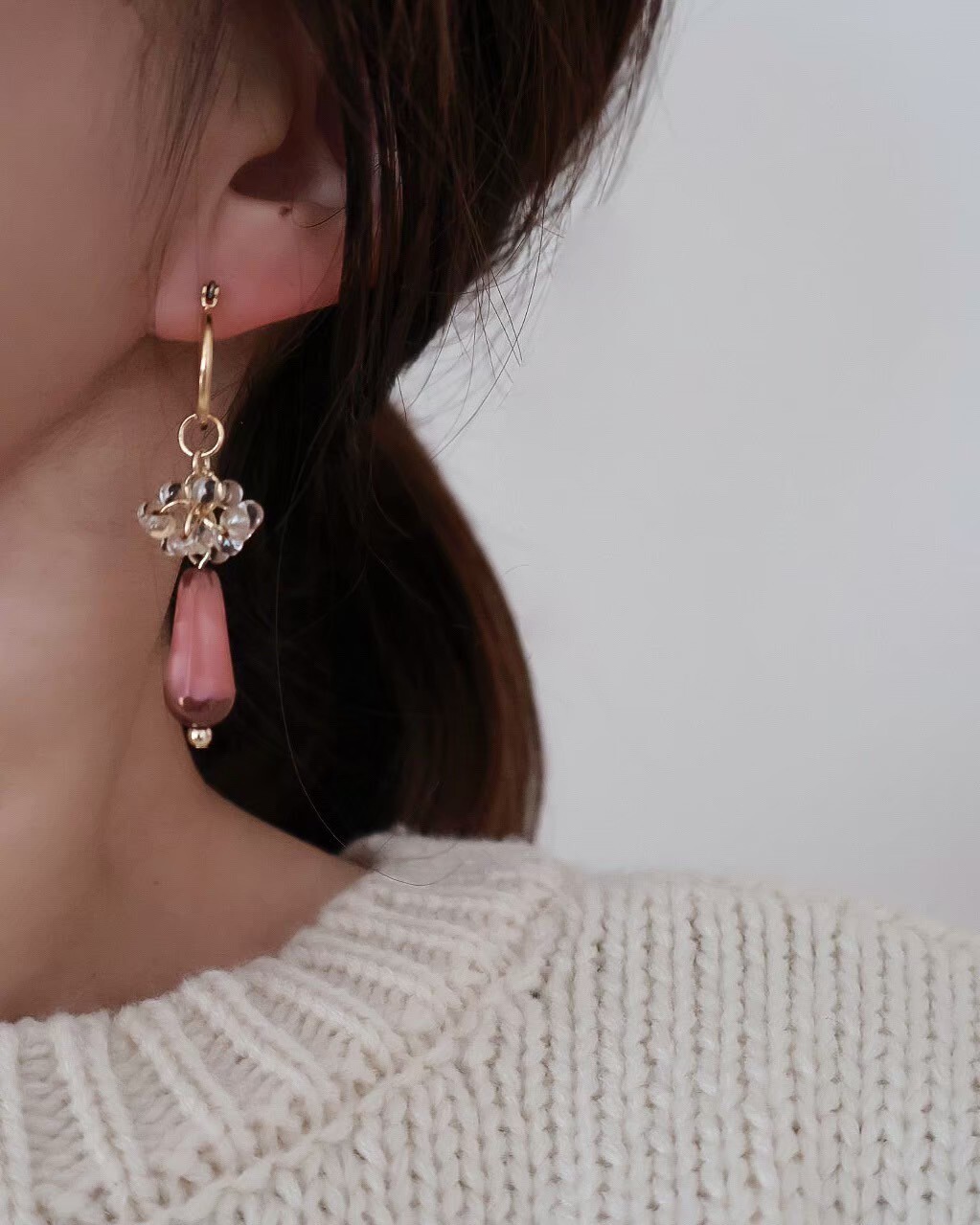 [glowglad] 粉色水滴捷克玻璃耳環 | 耳針 | NO.35