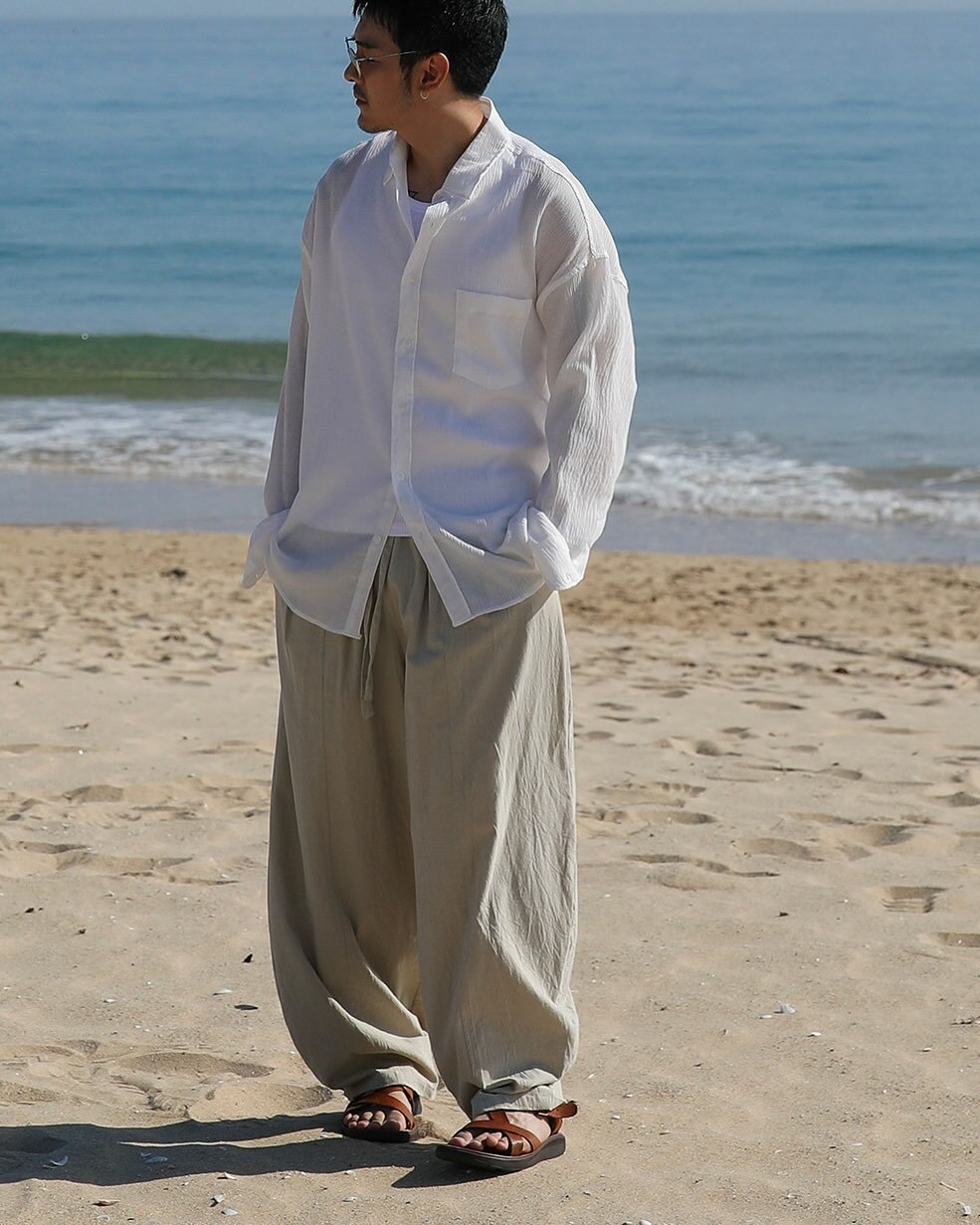 亞麻雙褶鬆緊腰褲