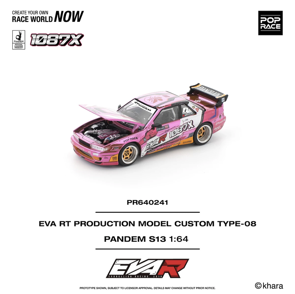 【預訂】Pop Race 1/64 Pandem Silvia S13 Eva RT Production Model Custom Type-08 x 1087X  (PR640241)