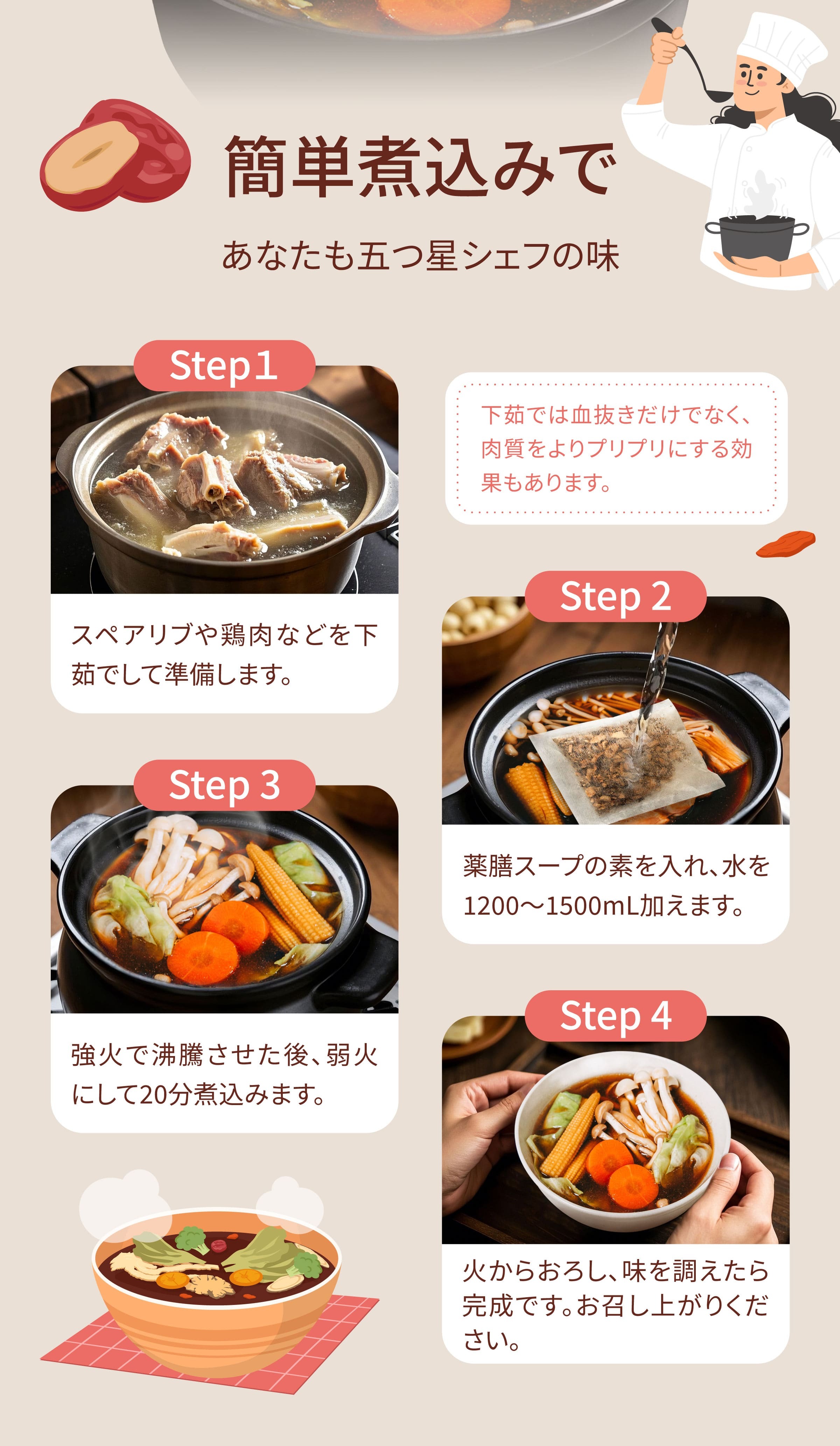 Dengyi 野菜用漢方スープキットの淹れ方