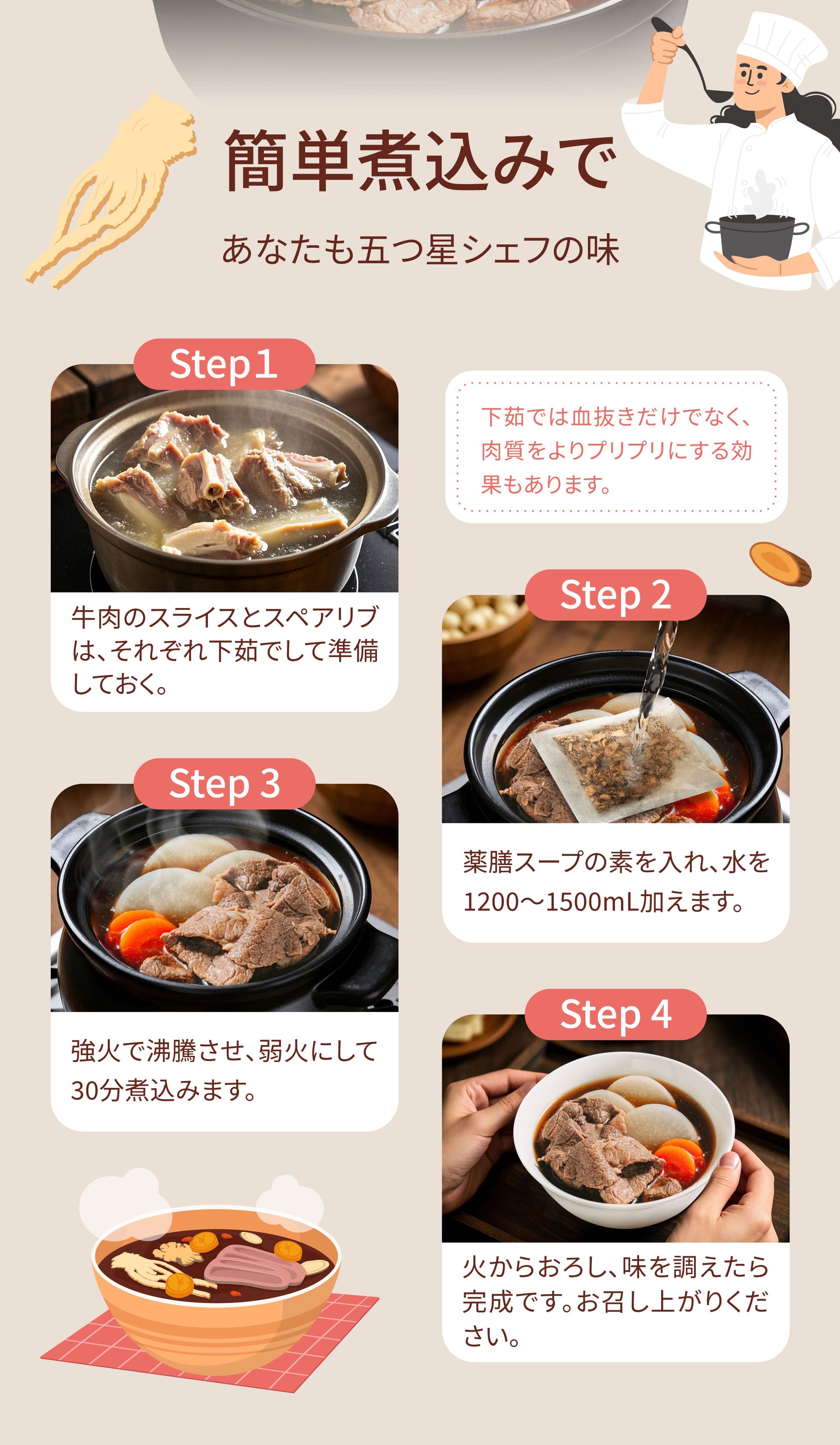Dengyi 牛肉用漢方スープキットの淹れ方