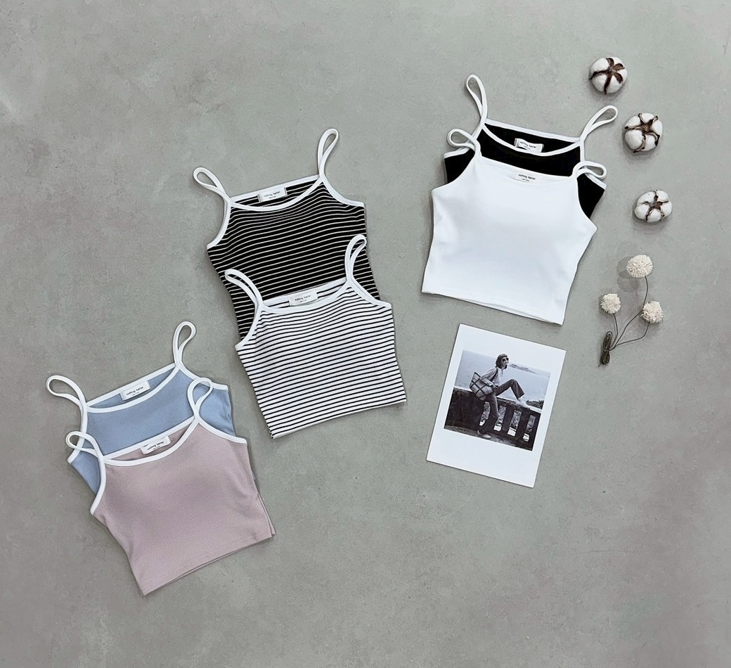 白邊條紋.素面罩杯短背心