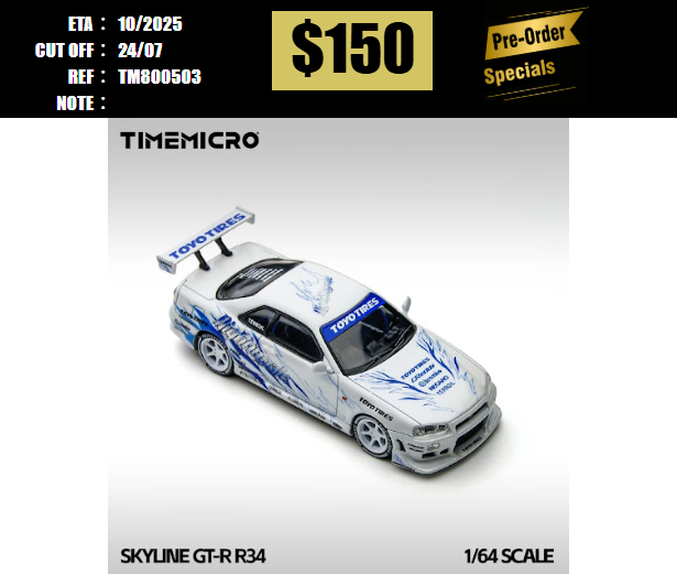 PO-$150 * TIME MICRO * 1:64 NISSAN SKYLINE GT-R R34 C-WEST WHITE DRIFT (TM800503) [OD17/07]