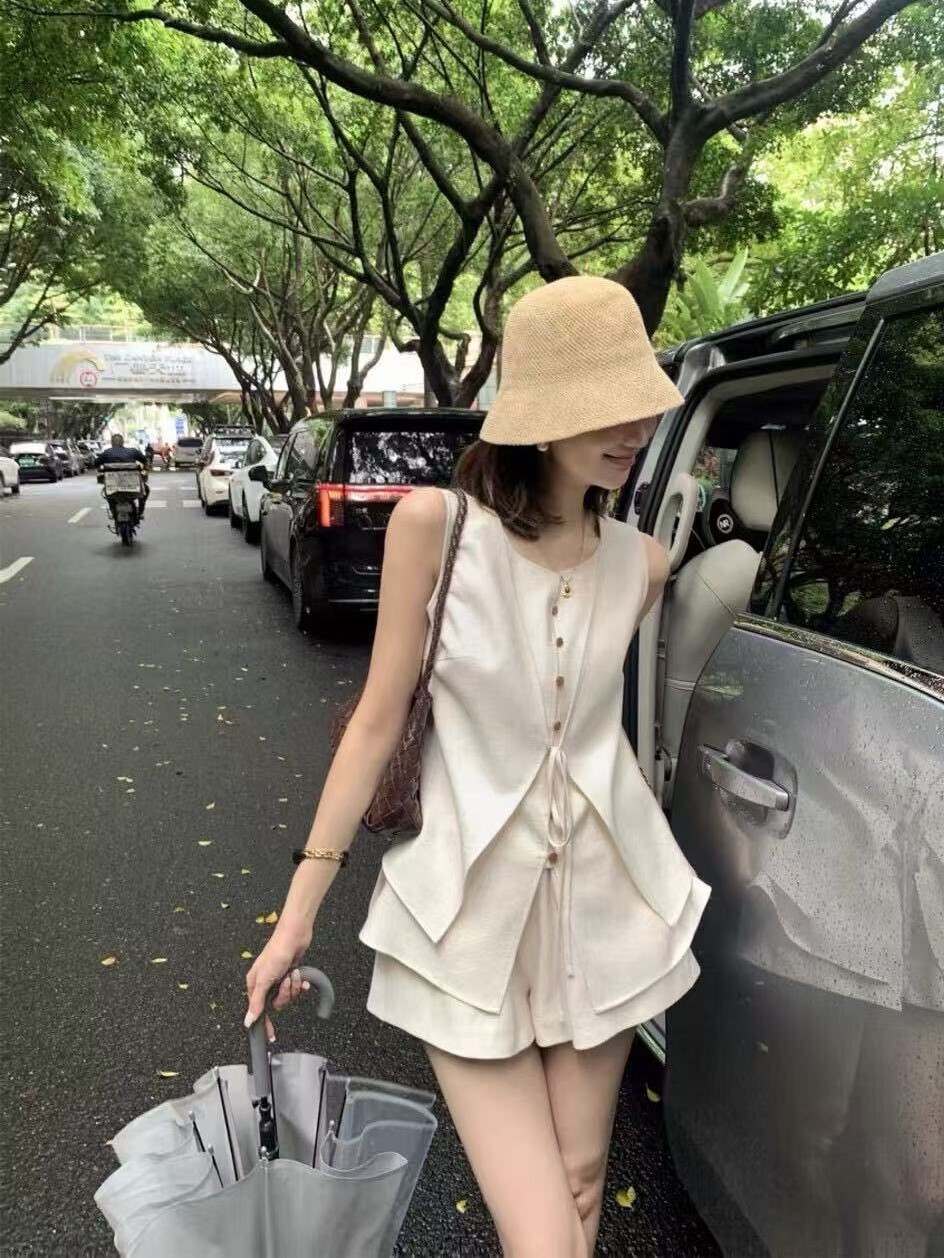 套裝丨棉麻假兩件綁帶背心+鬆緊腰短褲