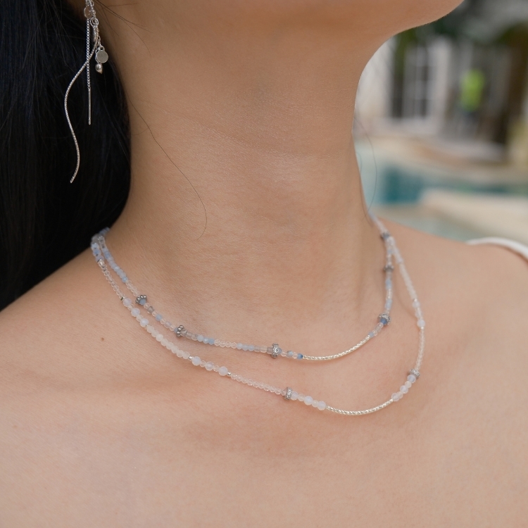 夏日浪花 蔚藍凝光 碧波拾藍 白浪輕語 水晶天然石 項鍊