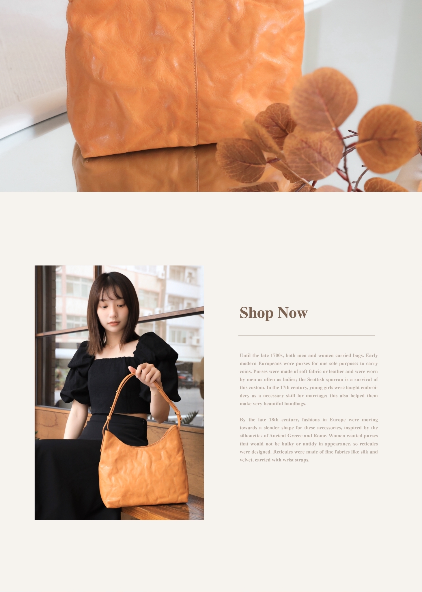 歐蘿拉真皮肩背包|扣式背帶搭配植鞣皮革細節放大