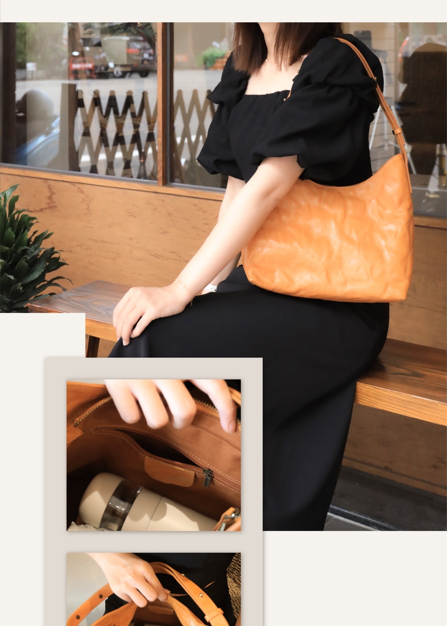 真皮大容量肩背包|可放保溫瓶與折疊傘 女生日常必備