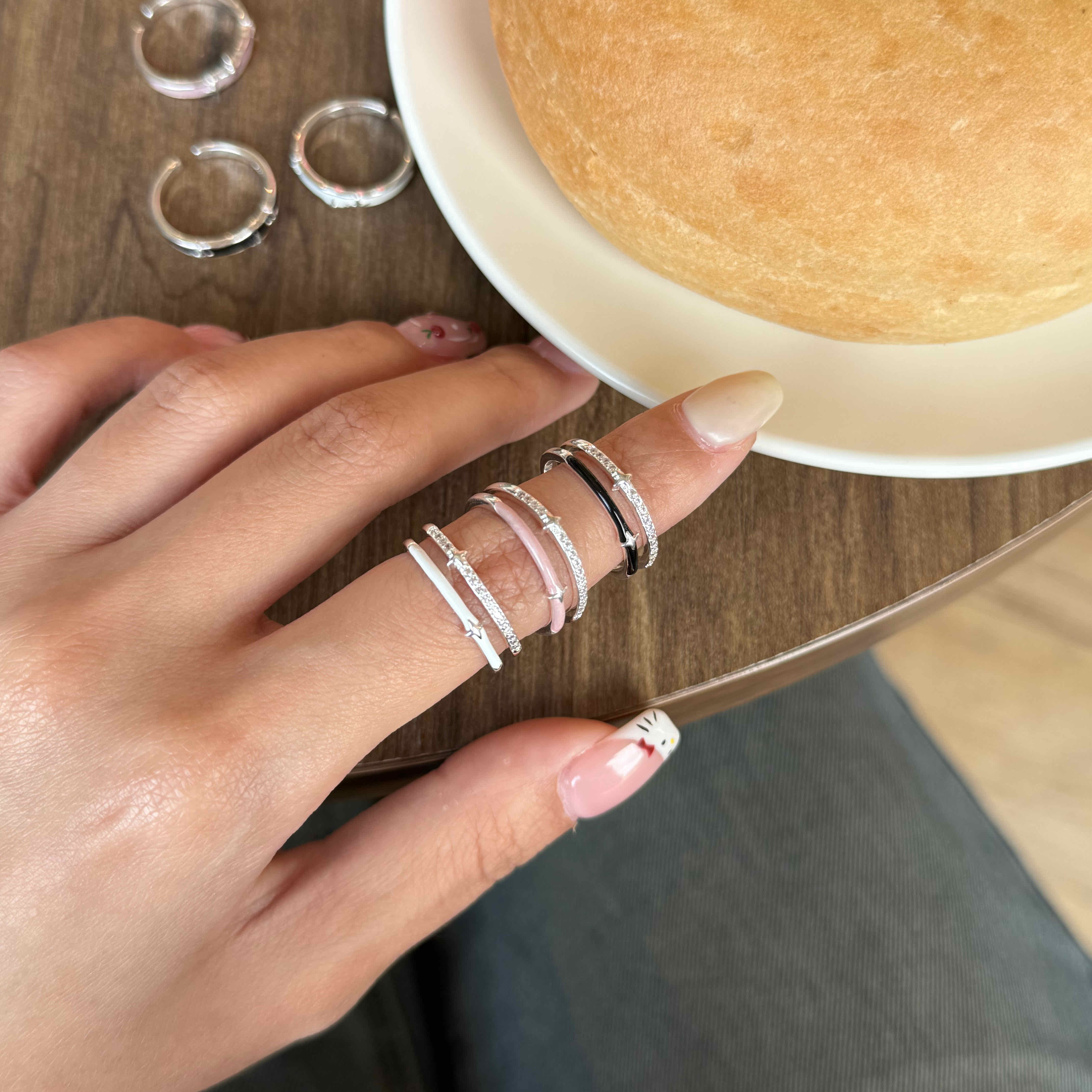 🇰🇷925 silver 星星珐瑯排鑽雙層戒指｜3 color