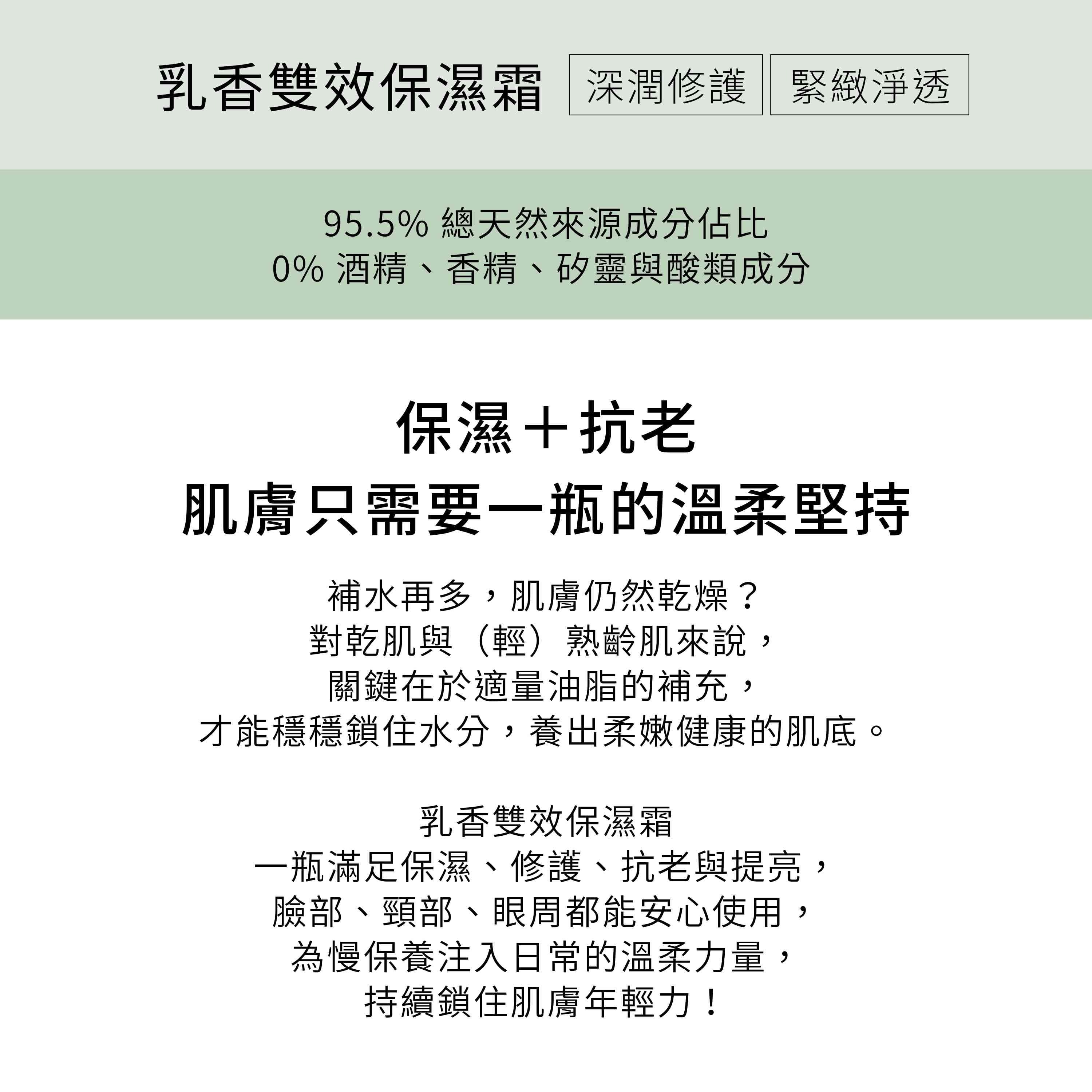 乳香雙效保濕霜不含酒精、香精與酸類成分,含95.5%總天然來源成分佔比