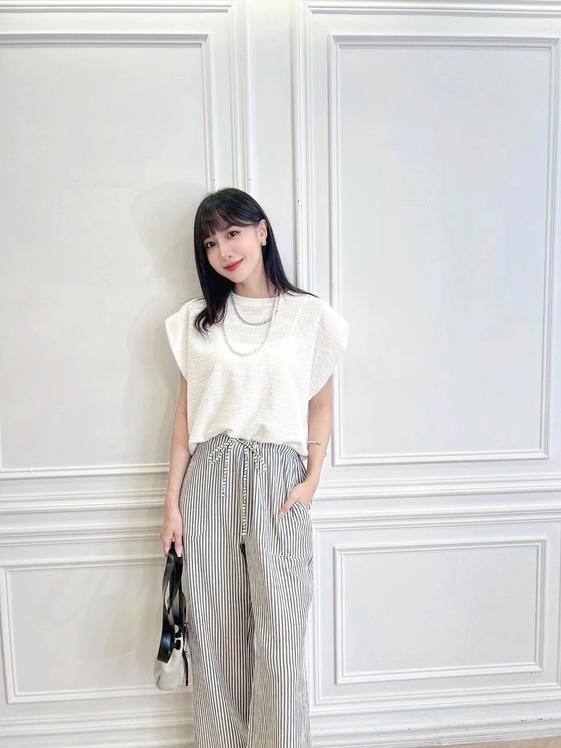 混色織紋飛鼠袖收腰上衣