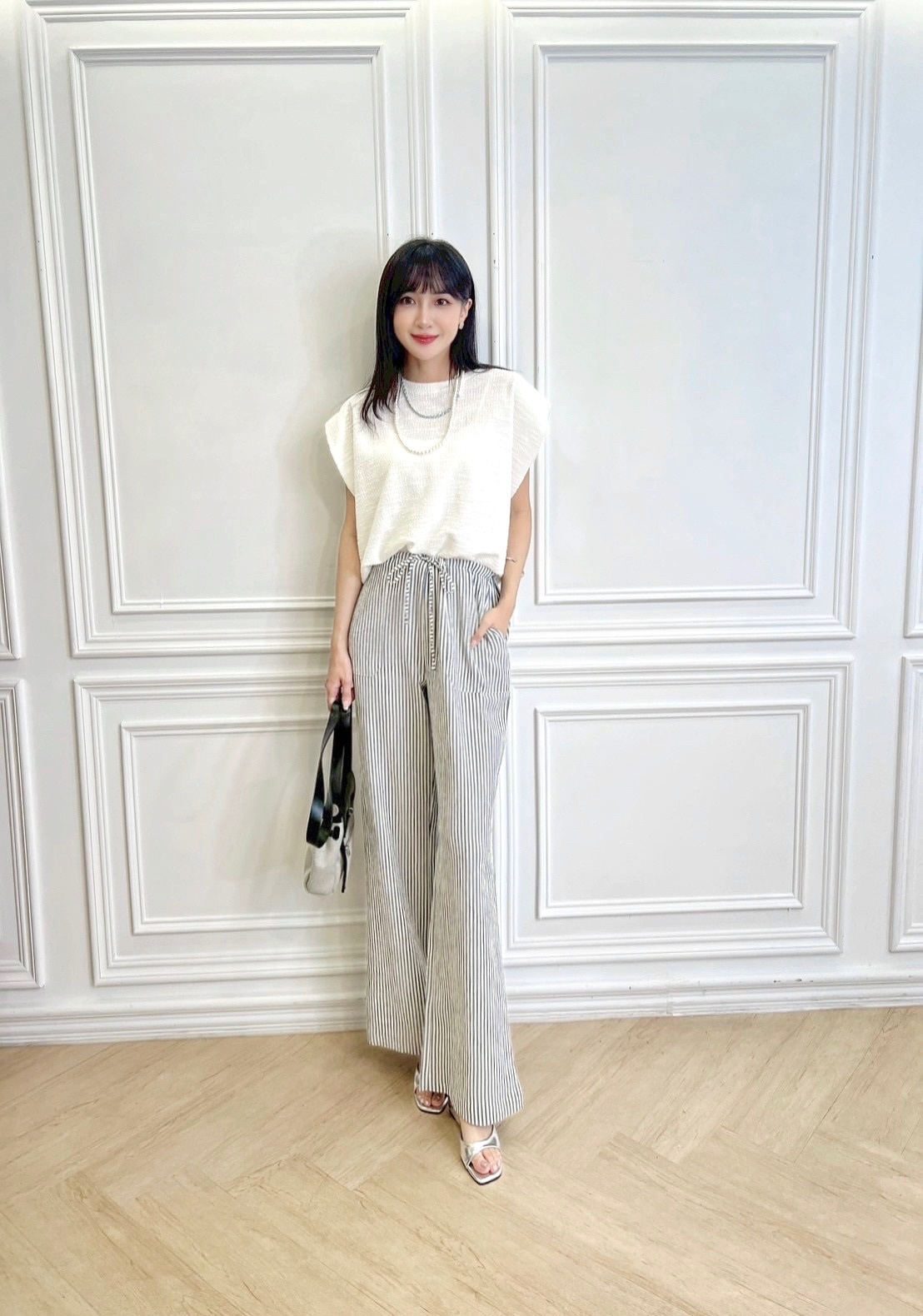 混色織紋飛鼠袖收腰上衣