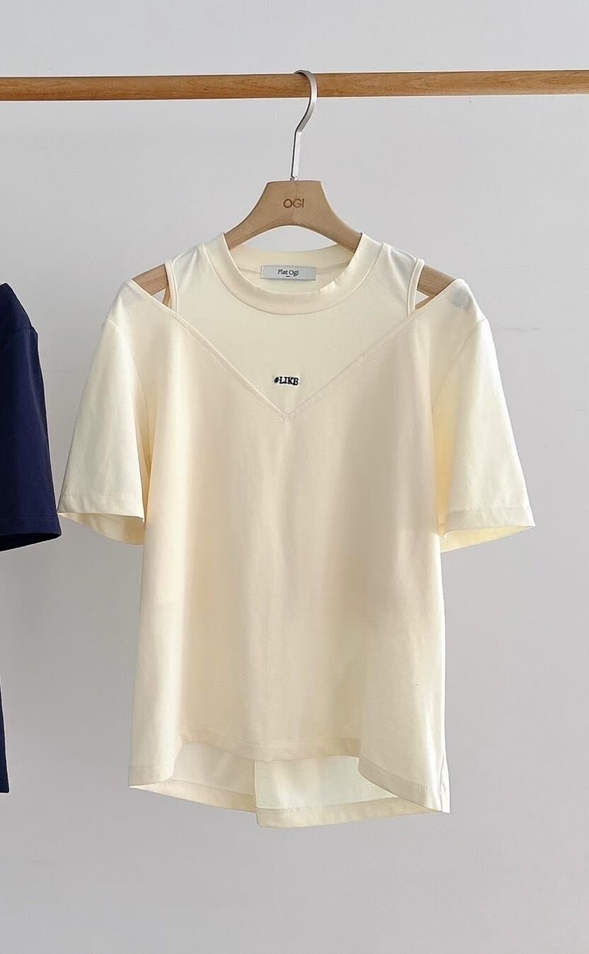 OG4536 假兩件文字刺繡露肩上衣 *特價* (優惠碼同充值購物金不適用)