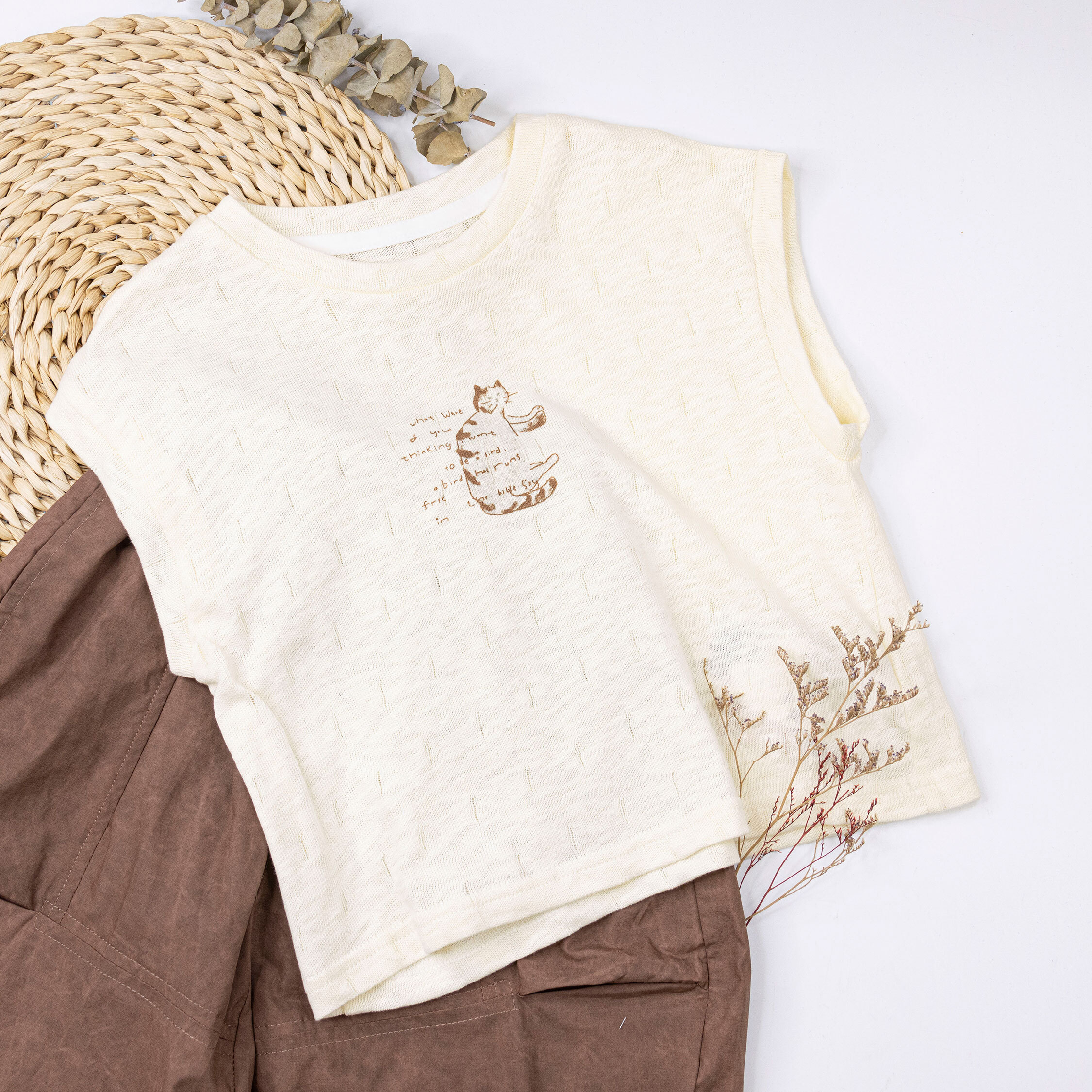 【H50763】手繪風慵懶小貓套裝