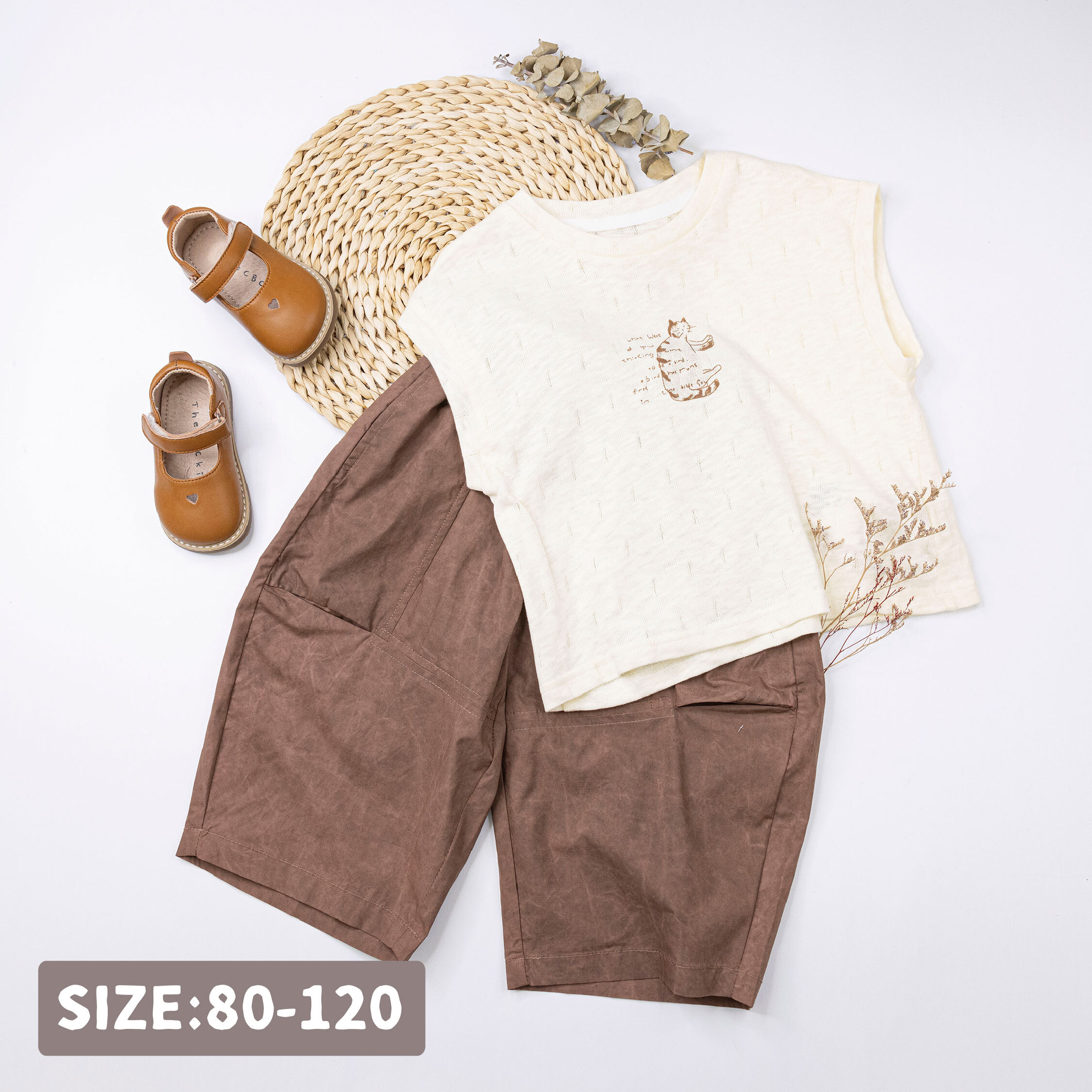 【H50763】手繪風慵懶小貓套裝