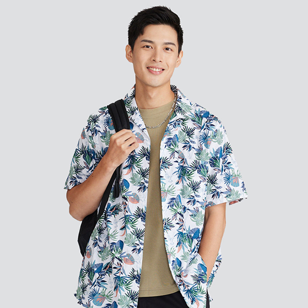 古巴領短袖花襯衫-白