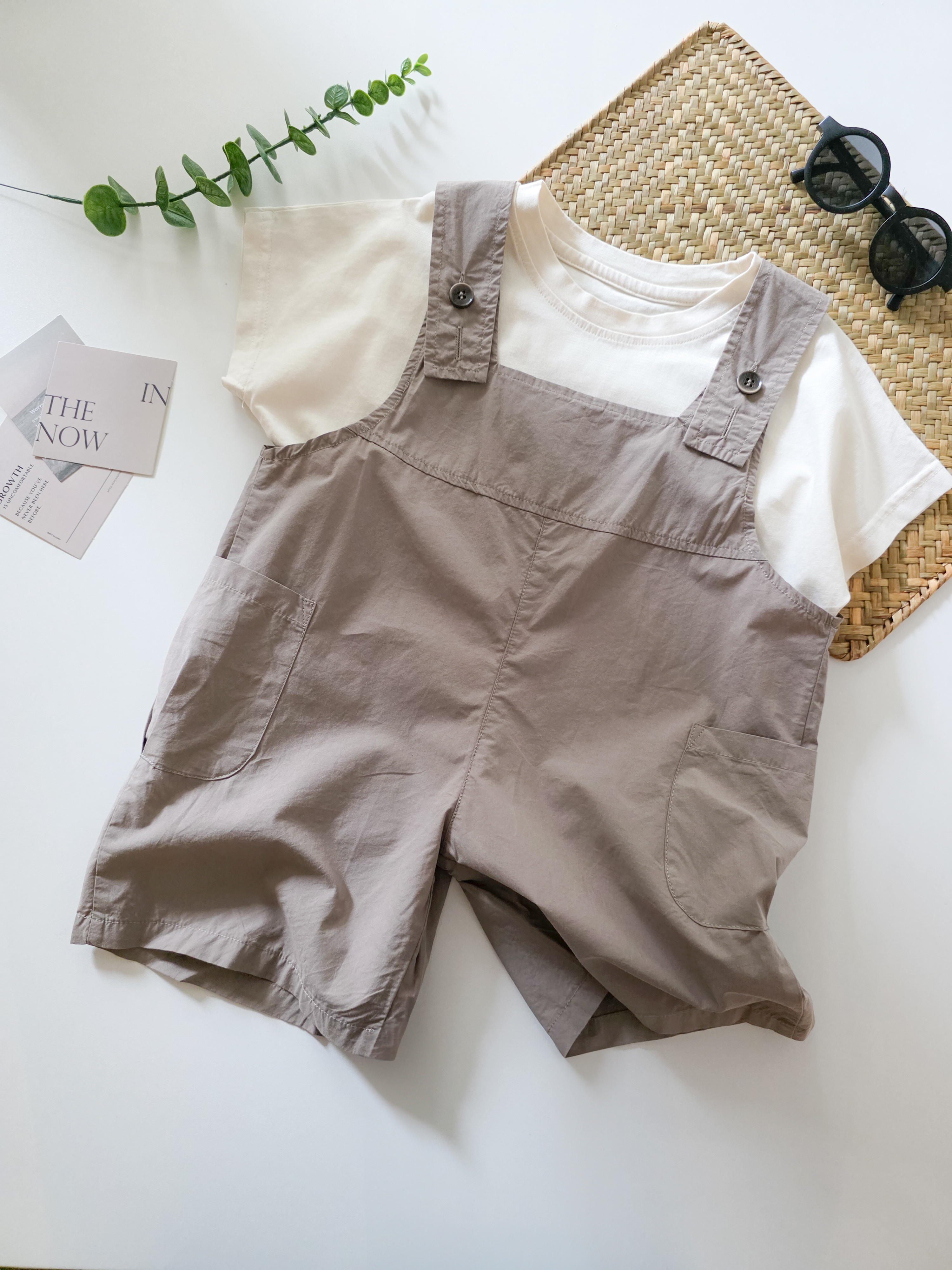 灰奶口袋 吊帶褲