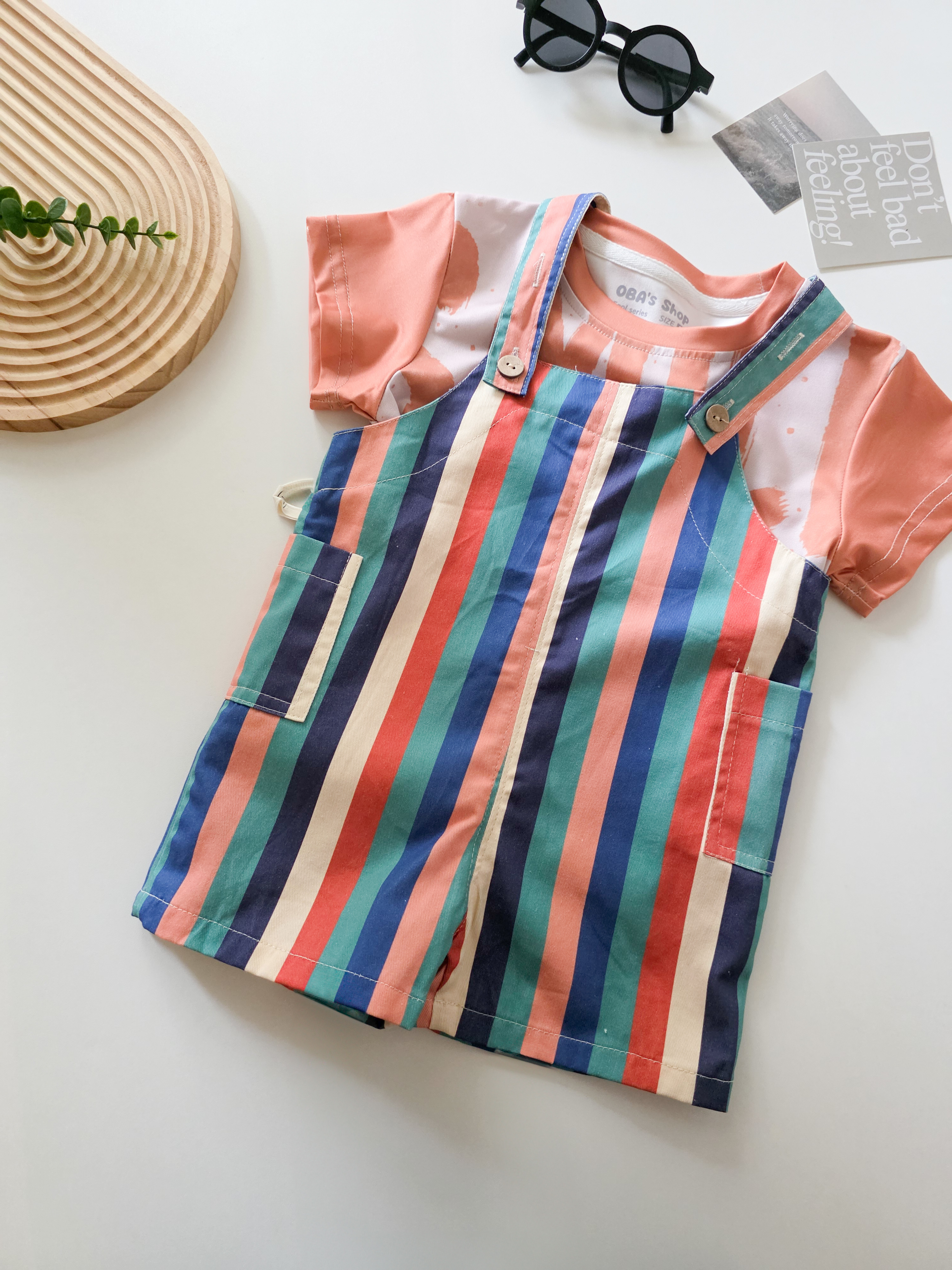 七彩條條 吊帶褲