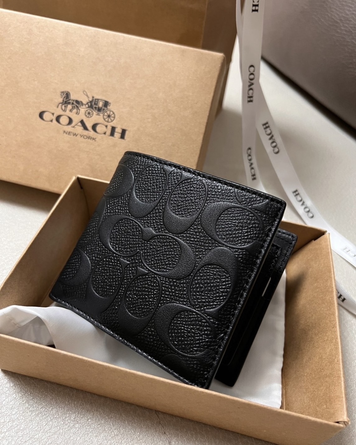 <送男友>COACH 3in1 wallet 防刮 牛皮革 LOGO 短夾 內附證件夾 黑色