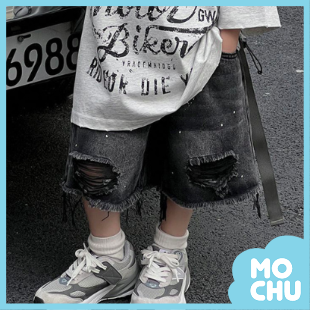 黑灰刷破寬版牛仔褲