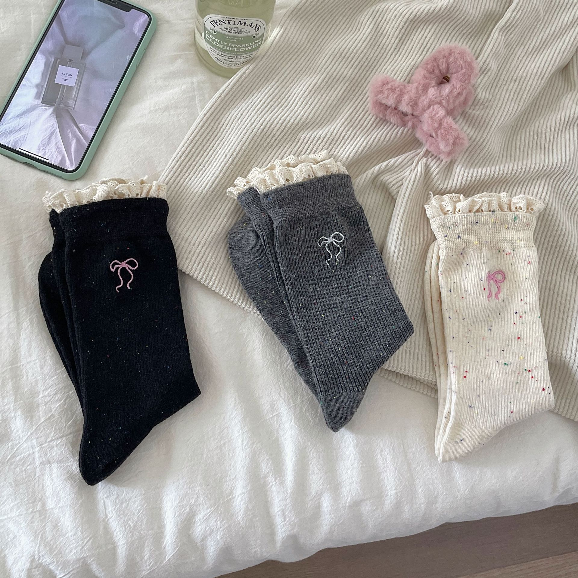 《6142》♾️韓系花邊蝴蝶結刺綉中筒襪