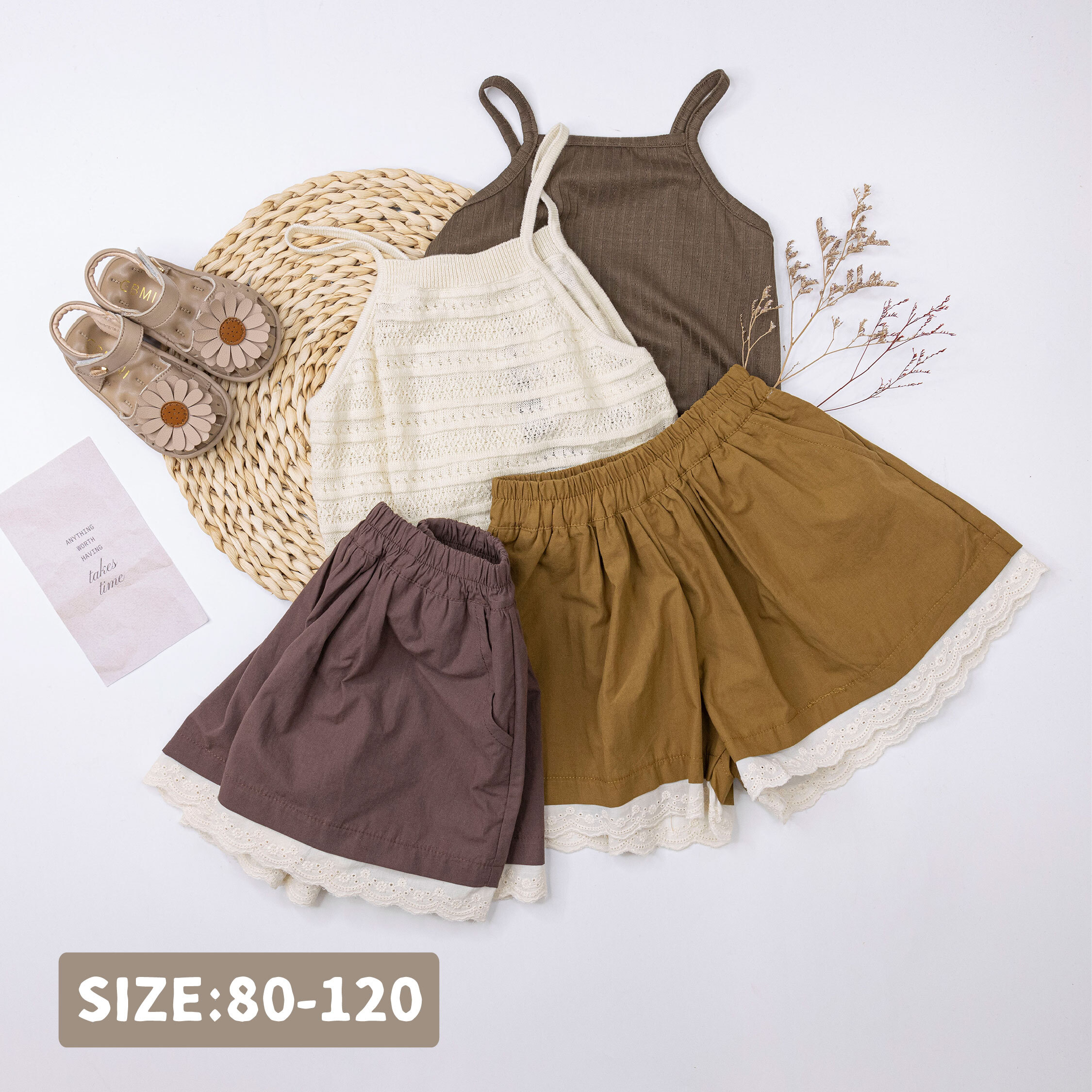 【H50819】氣質花邊刺繡拼接棉質短褲＊二色