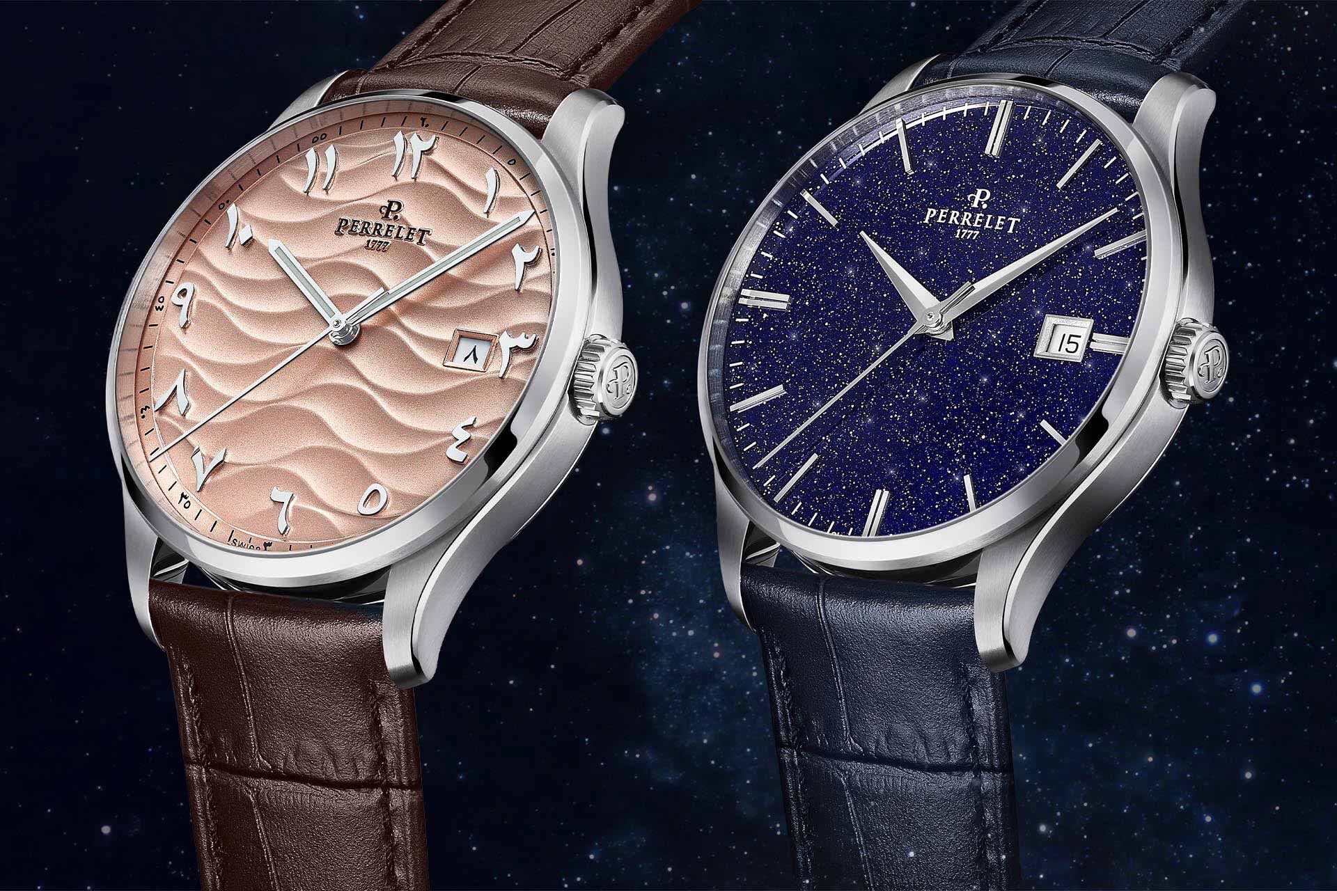 Perrelet WEEKEND Aventurine,沛力錶,A1300H,湛藍星空大三針腕錶,SAND DUNE,A1300/S3,中東面盤,阿拉伯數字,阿拉伯-印度數字,鮭魚色面盤,金黃沙丘大三針腕錶,中東數字