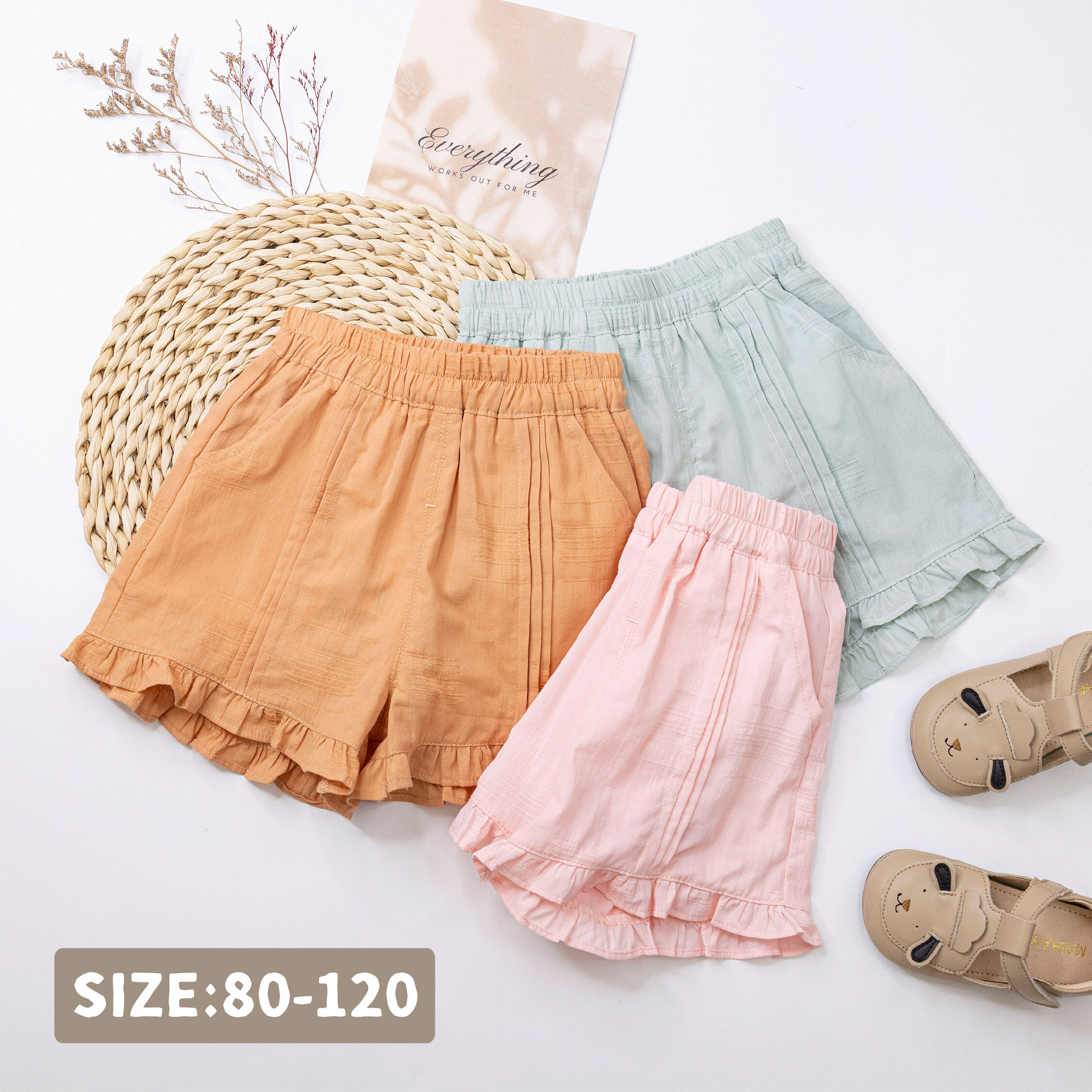 【H50820】舒適棉質百褶設計短褲＊二色