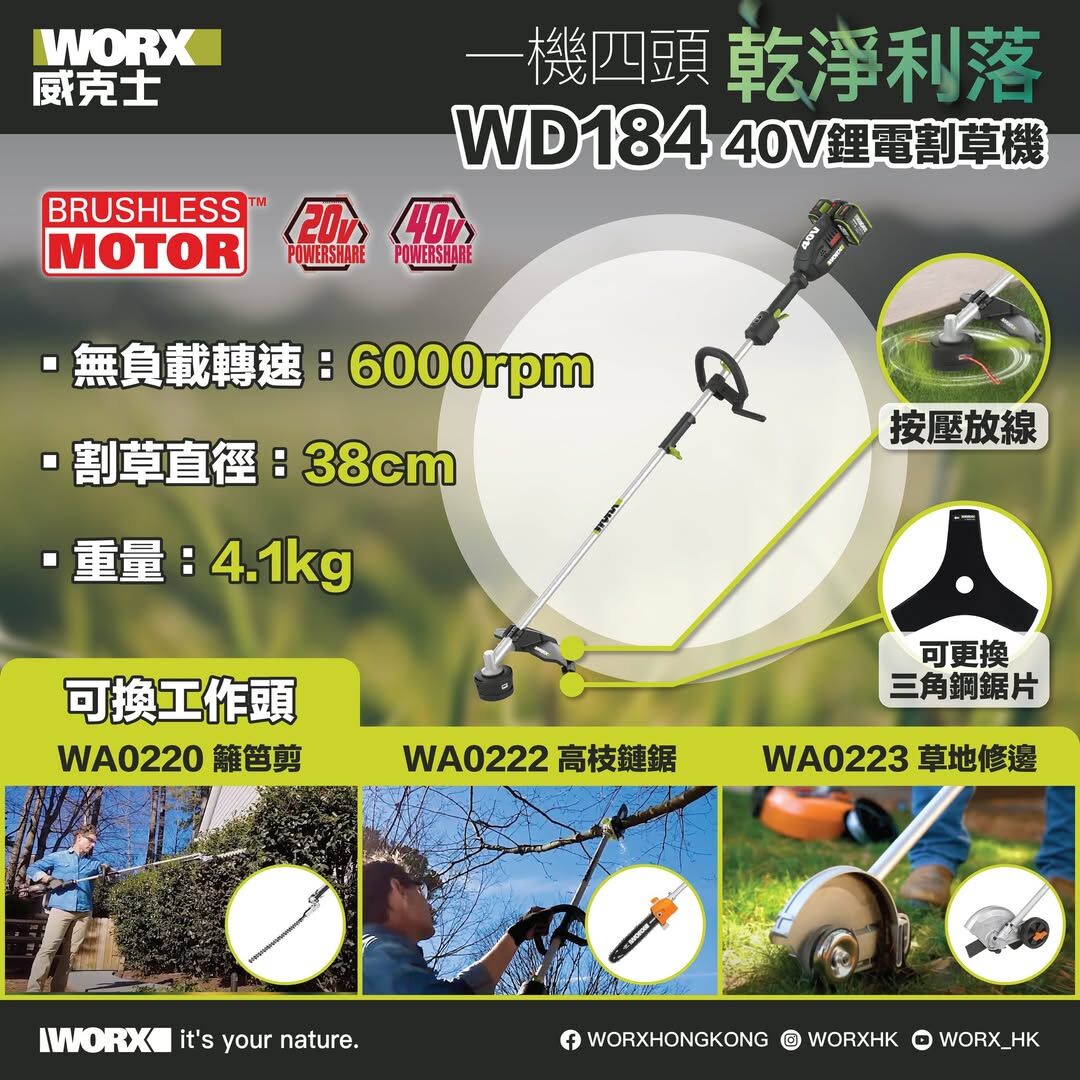 WORX WD184 40V 鋰電多用途無刷割草機