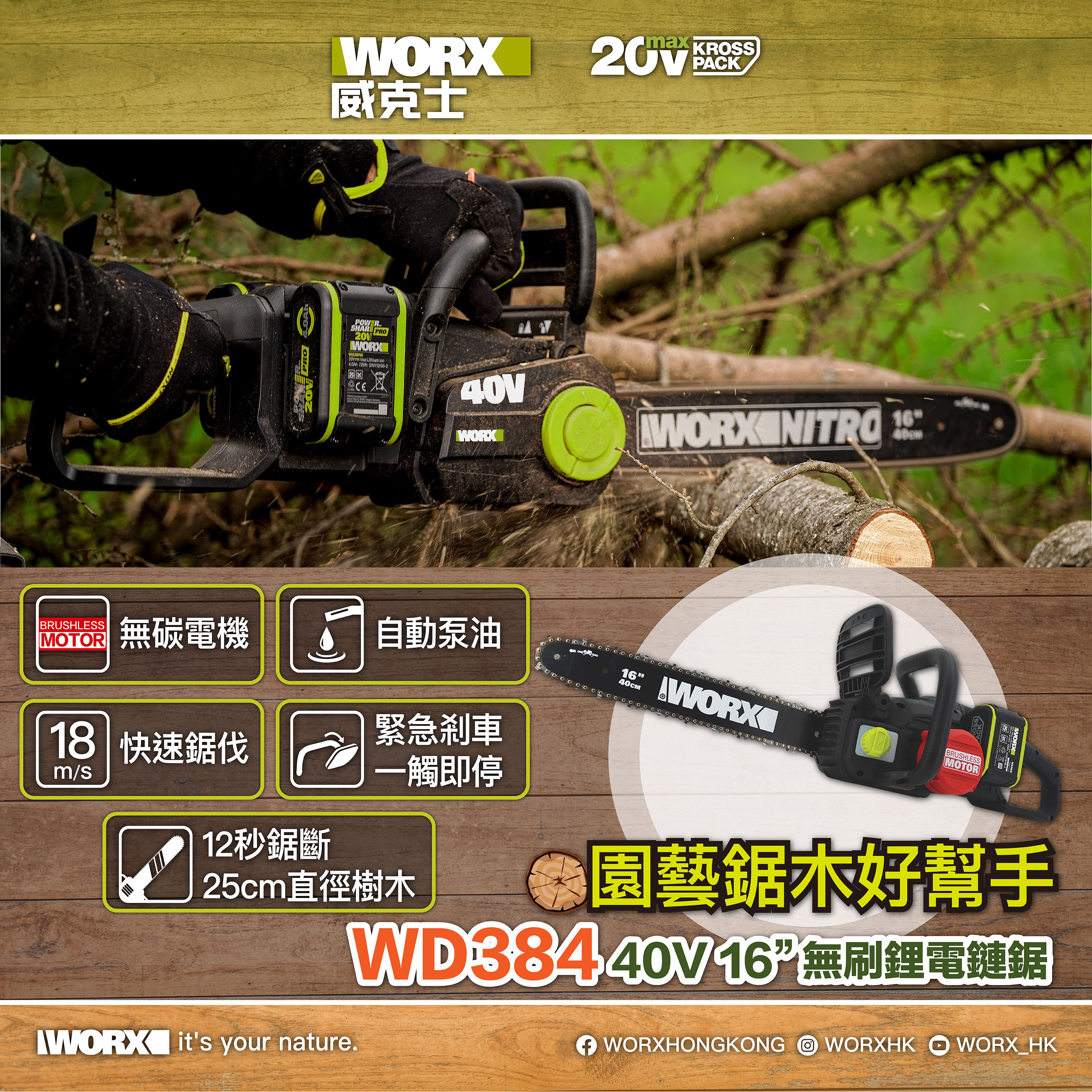 WORX WD384 40V 16"無刷鋰電鏈鋸