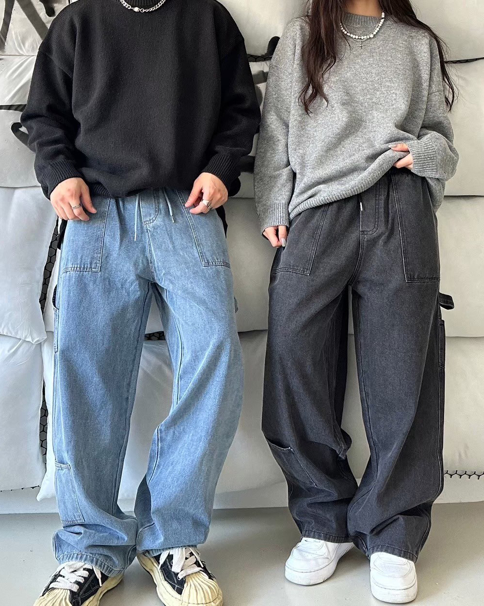 男生和女生模特穿著#95843 韓國刷色畫家牛仔長褲穿搭照