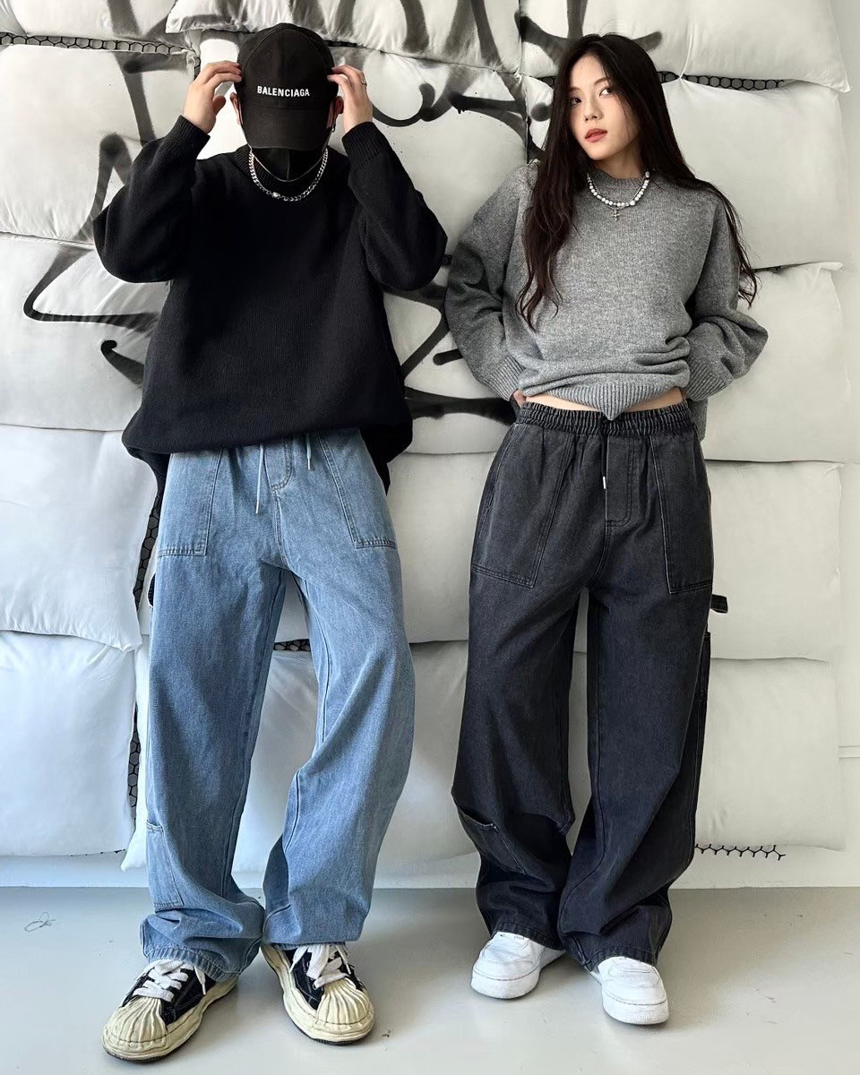 男生和女生模特穿著#95843 韓國刷色畫家牛仔長褲