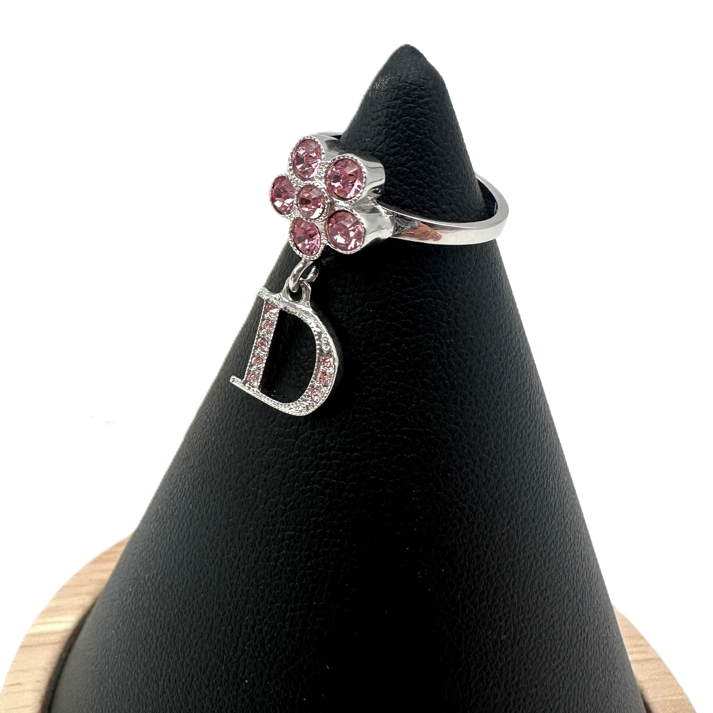 Christian Dior Silver Pink Rhinestone Flower Ring