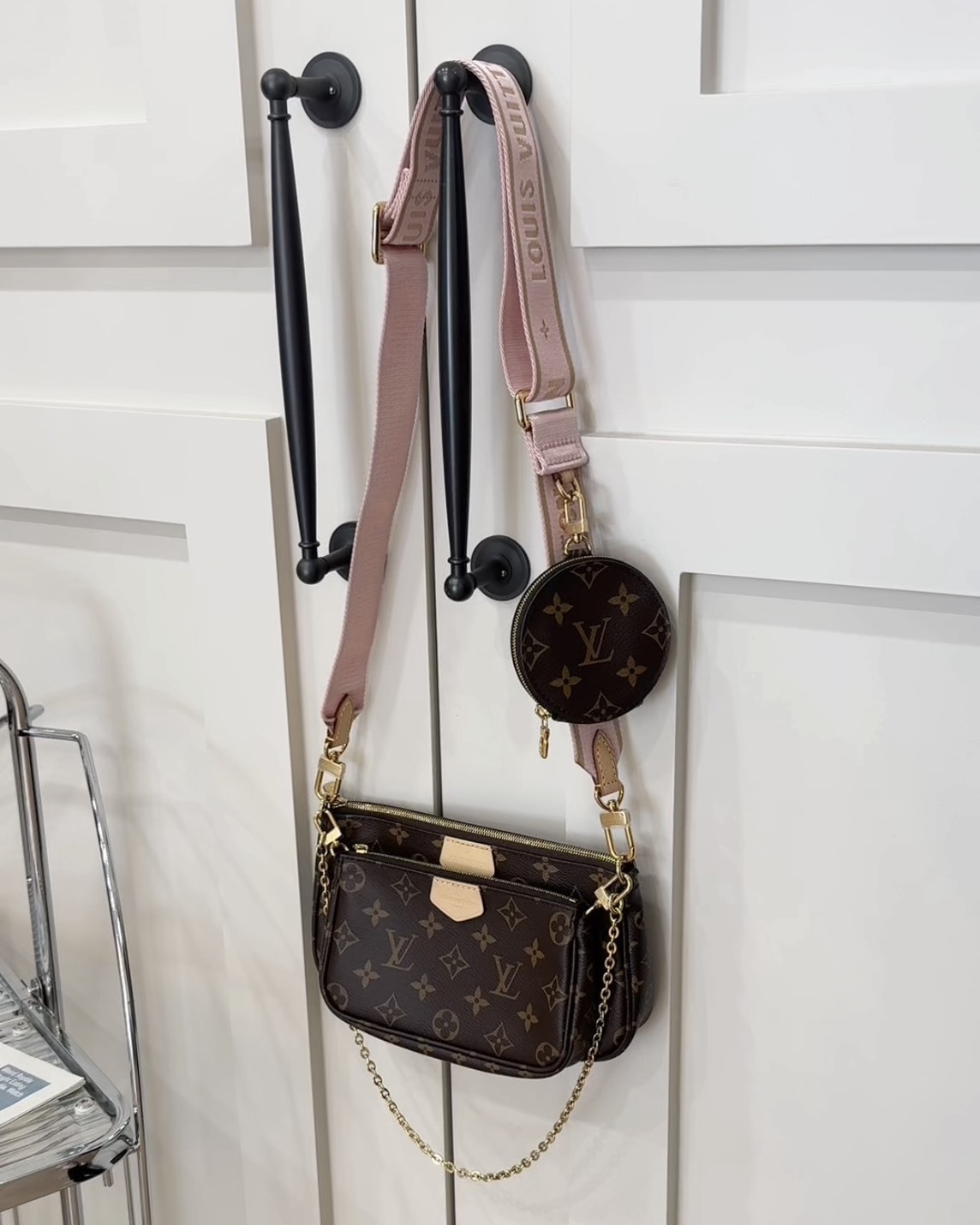 LV｜五合一棕色老花麻將包 粉色背帶 M44840