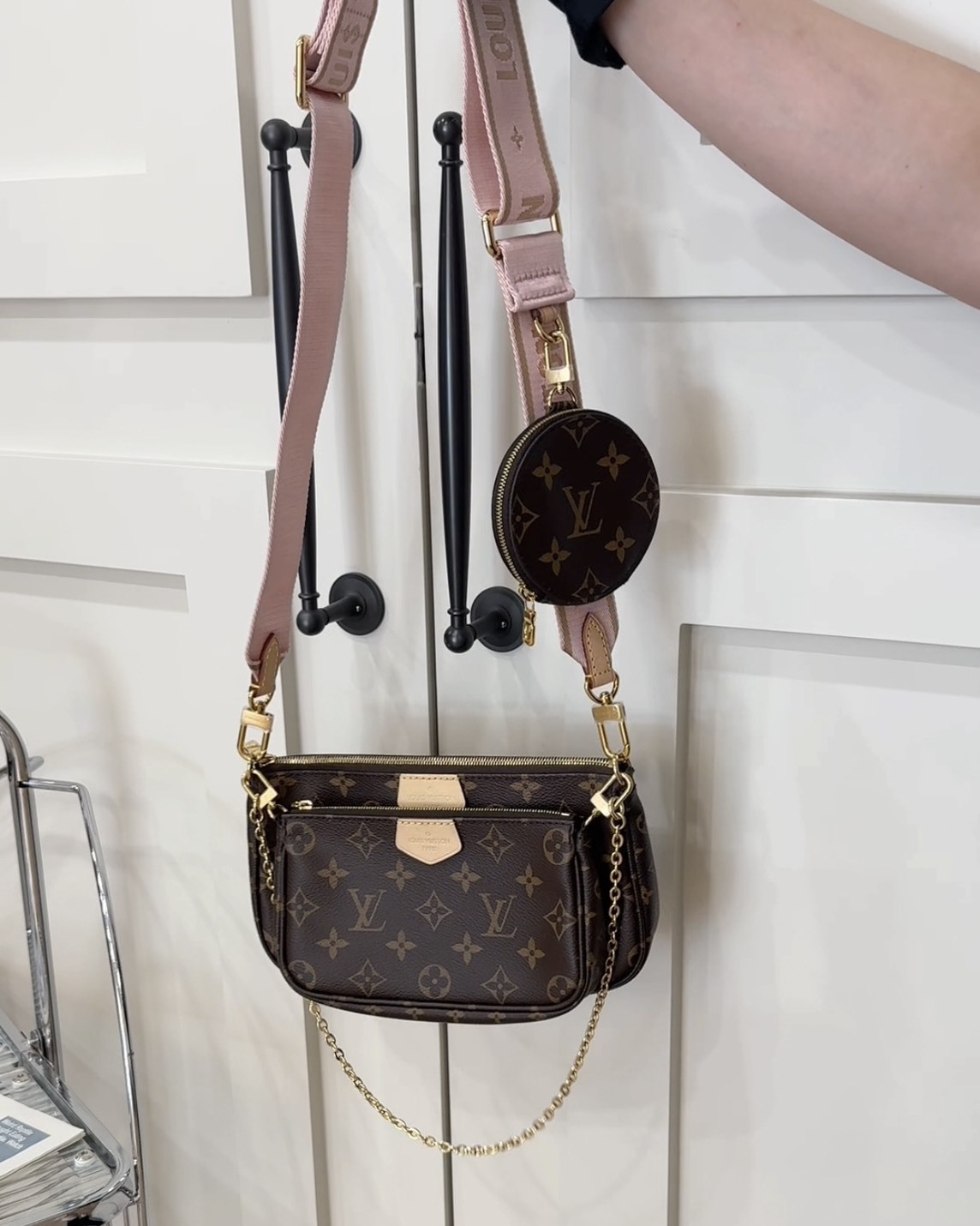 LV｜五合一棕色老花麻將包 粉色背帶 M44840