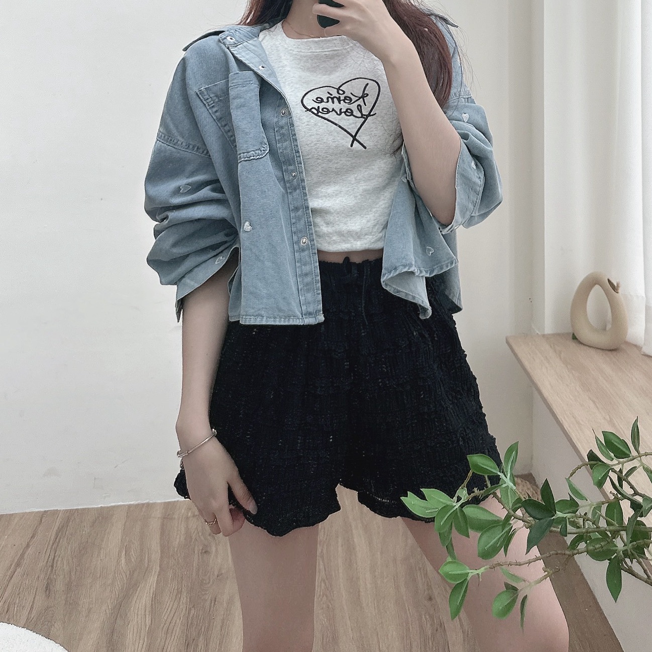 愛心刺繡牛仔襯衫/二色