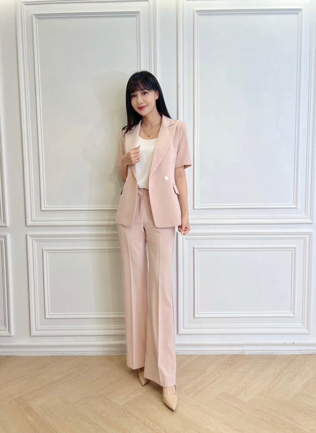 棉麻雙釦短袖西裝套裝