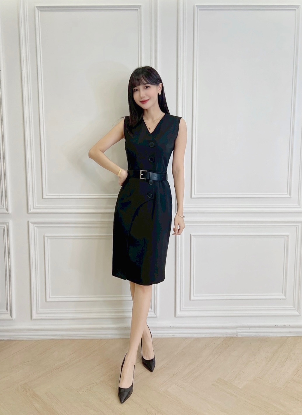 側釦腰帶背心合身洋