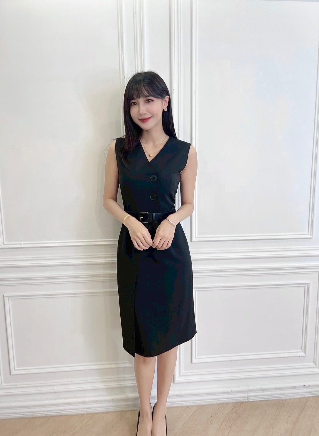 側釦腰帶背心合身洋